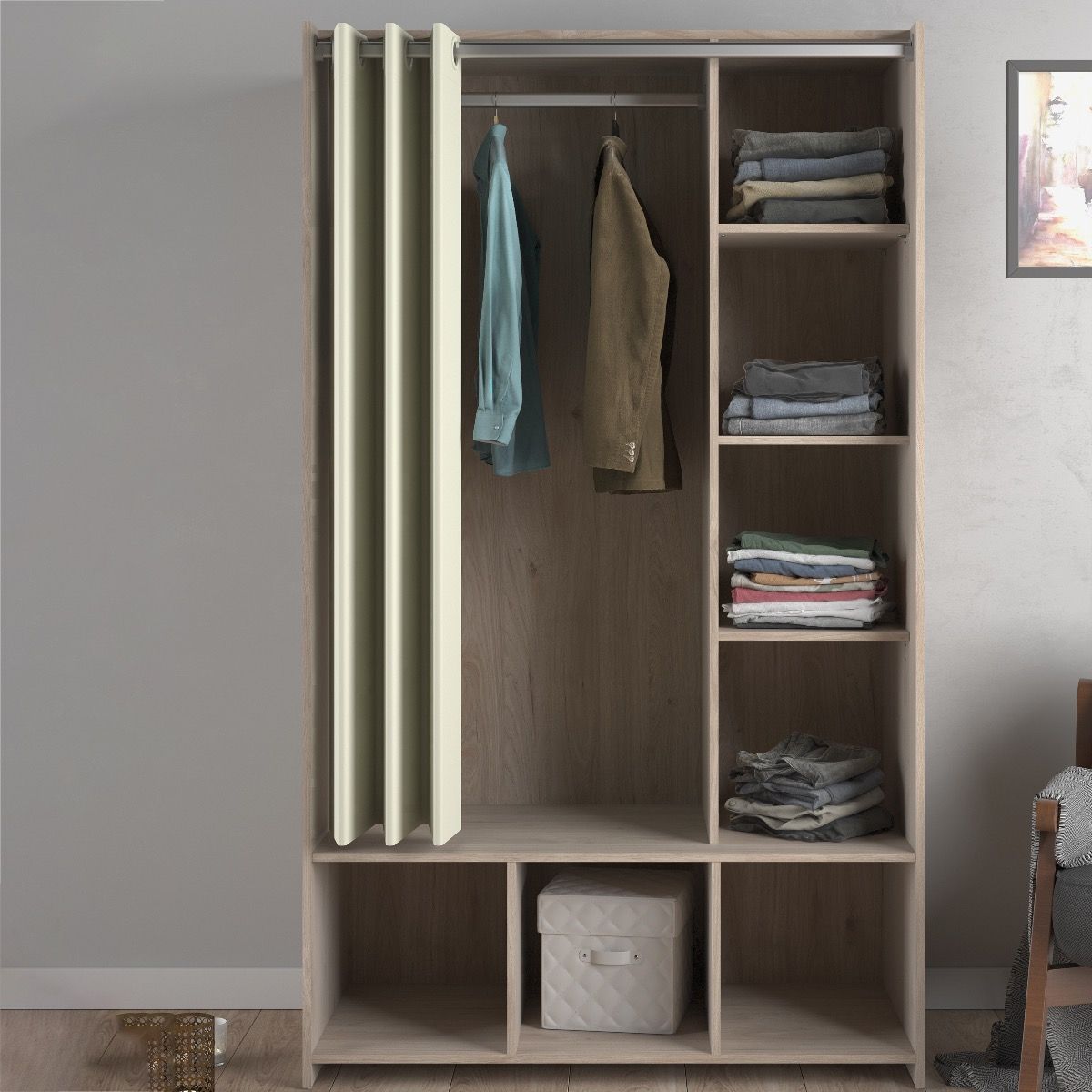 Uppsala Open Mobile Wardrobe Jackson Hickory Oak & Beige Textile Curtain - Price Crash Furniture