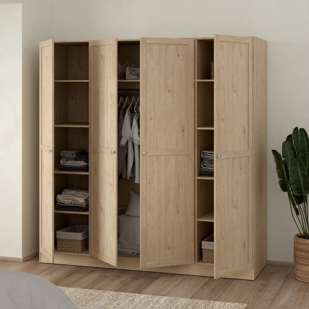 Brande Large Wide Wardrobe With 4 Frame Doors In Jackson Hickory Oak - Price Crash Furniture