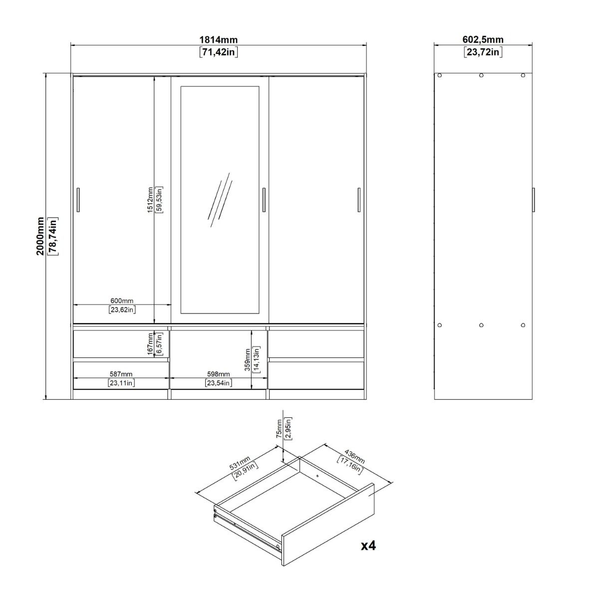 Line Mirrored Wardrobe With 3 Sliding Doors In Jackson Hickory Oak