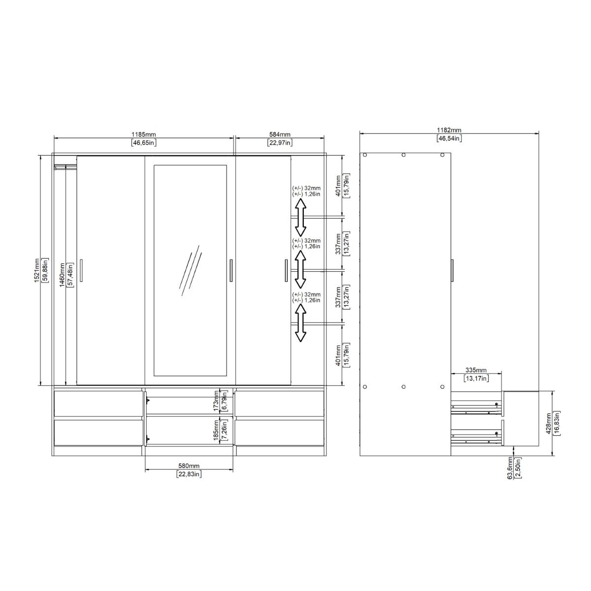 Line Mirrored Wardrobe With 3 Sliding Doors In Jackson Hickory Oak