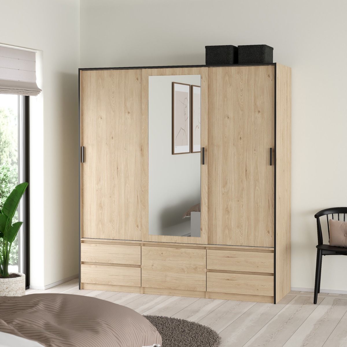 Line Mirrored Wardrobe With 3 Sliding Doors In Jackson Hickory Oak