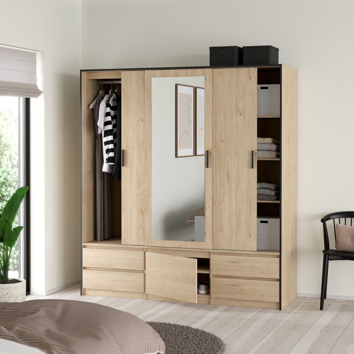 Line Mirrored Wardrobe With 3 Sliding Doors In Jackson Hickory Oak