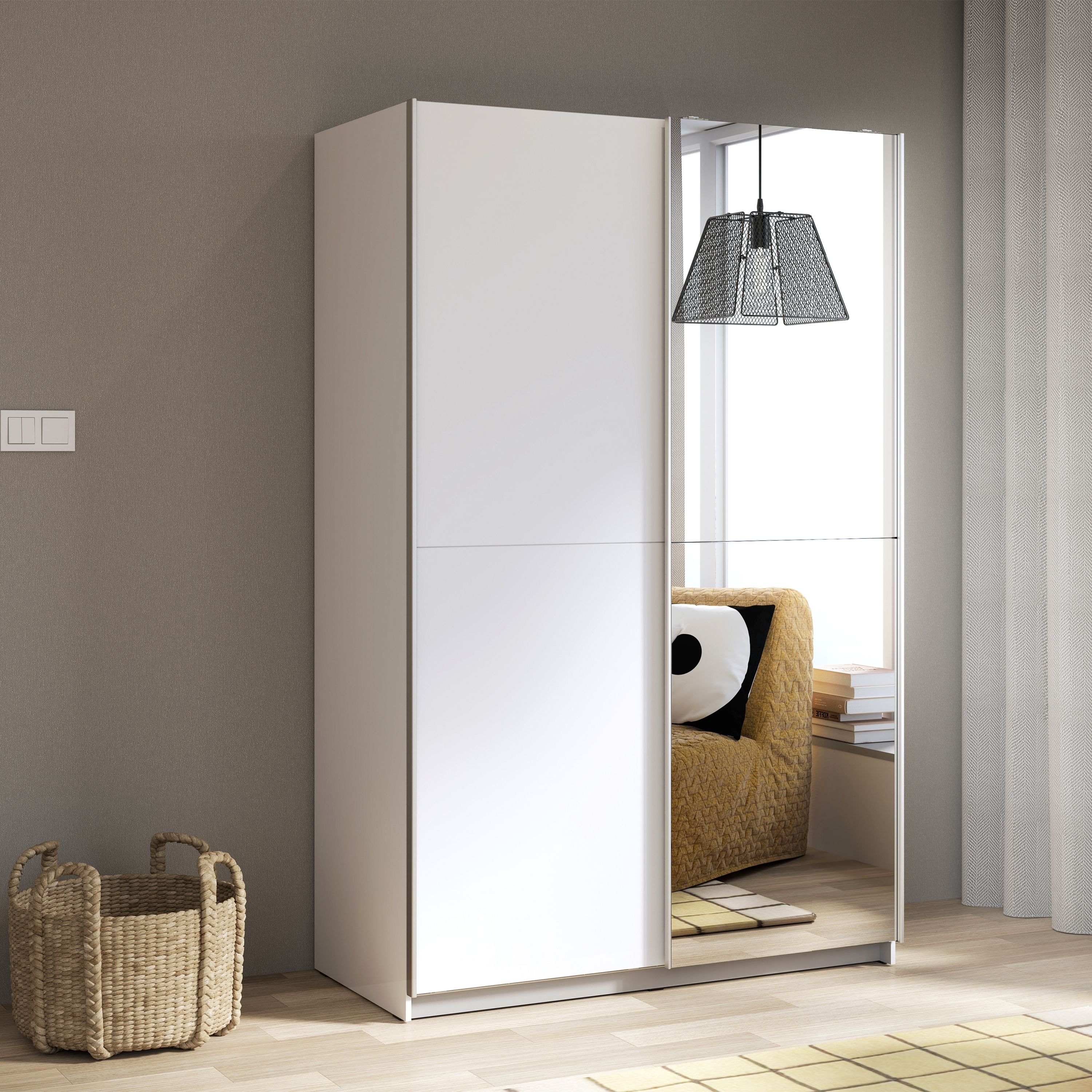 Babetta 2 Door Sliding Wardrobe In Matt White With Mirrored Door - Price Crash Furniture