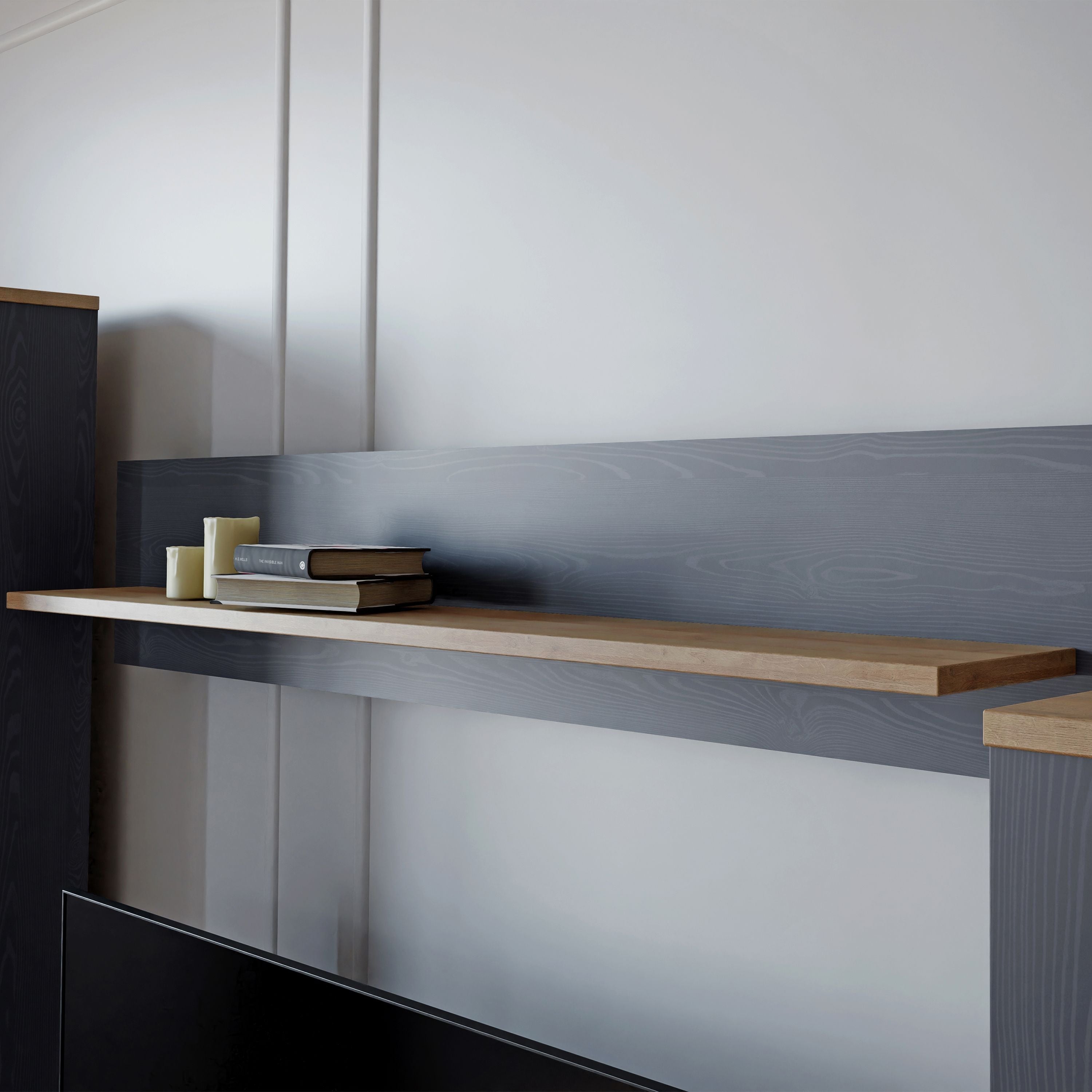 Bohol 160cm Floating Wall Shelf In Riviera Oak & Navy Blue - Price Crash Furniture