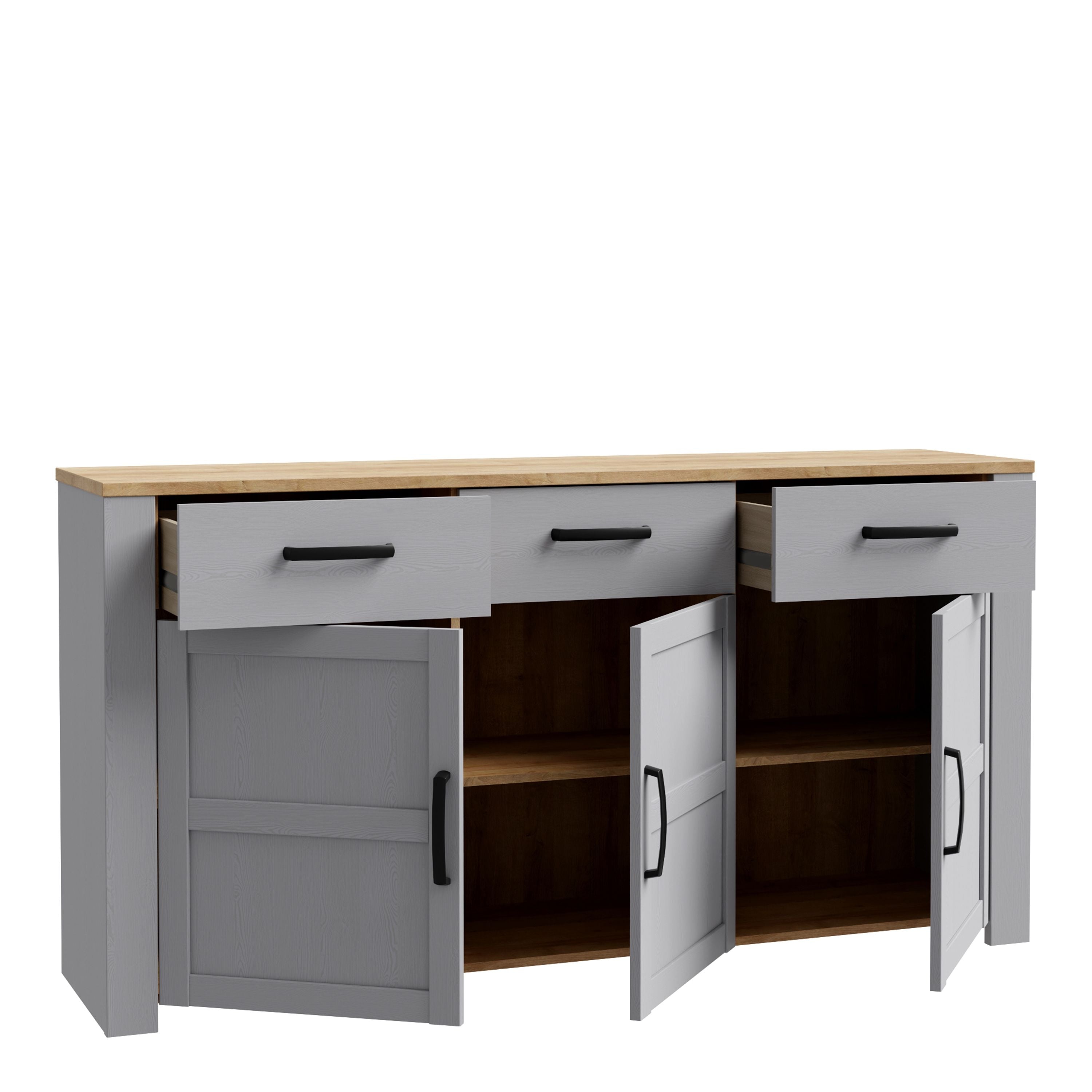 Bohol 3 Door 3 Drawer Sideboard In Riviera Oak/Grey Oak - Price Crash Furniture