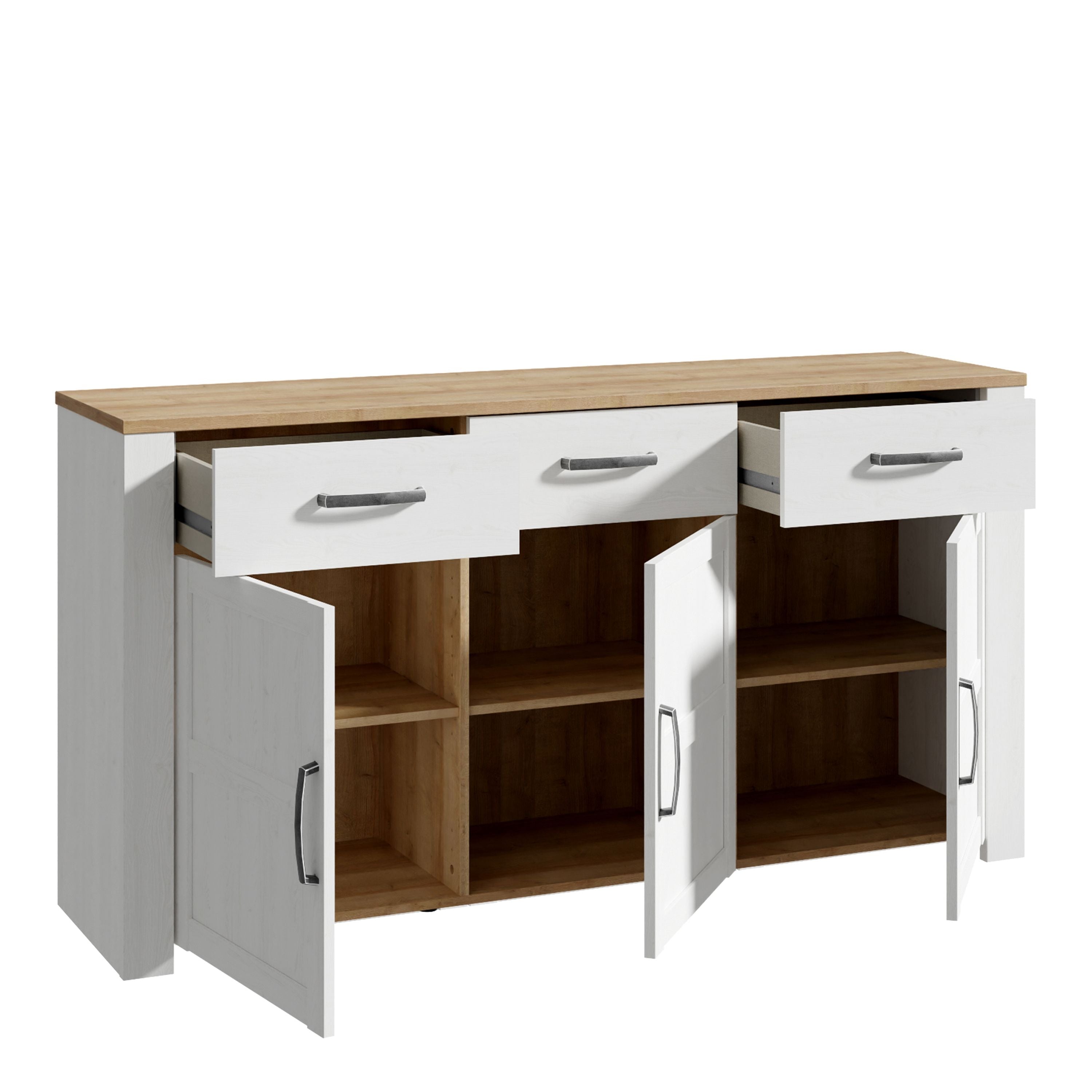 Bohol 3 Door 3 Drawer Sideboard In Riviera Oak & White - Price Crash Furniture