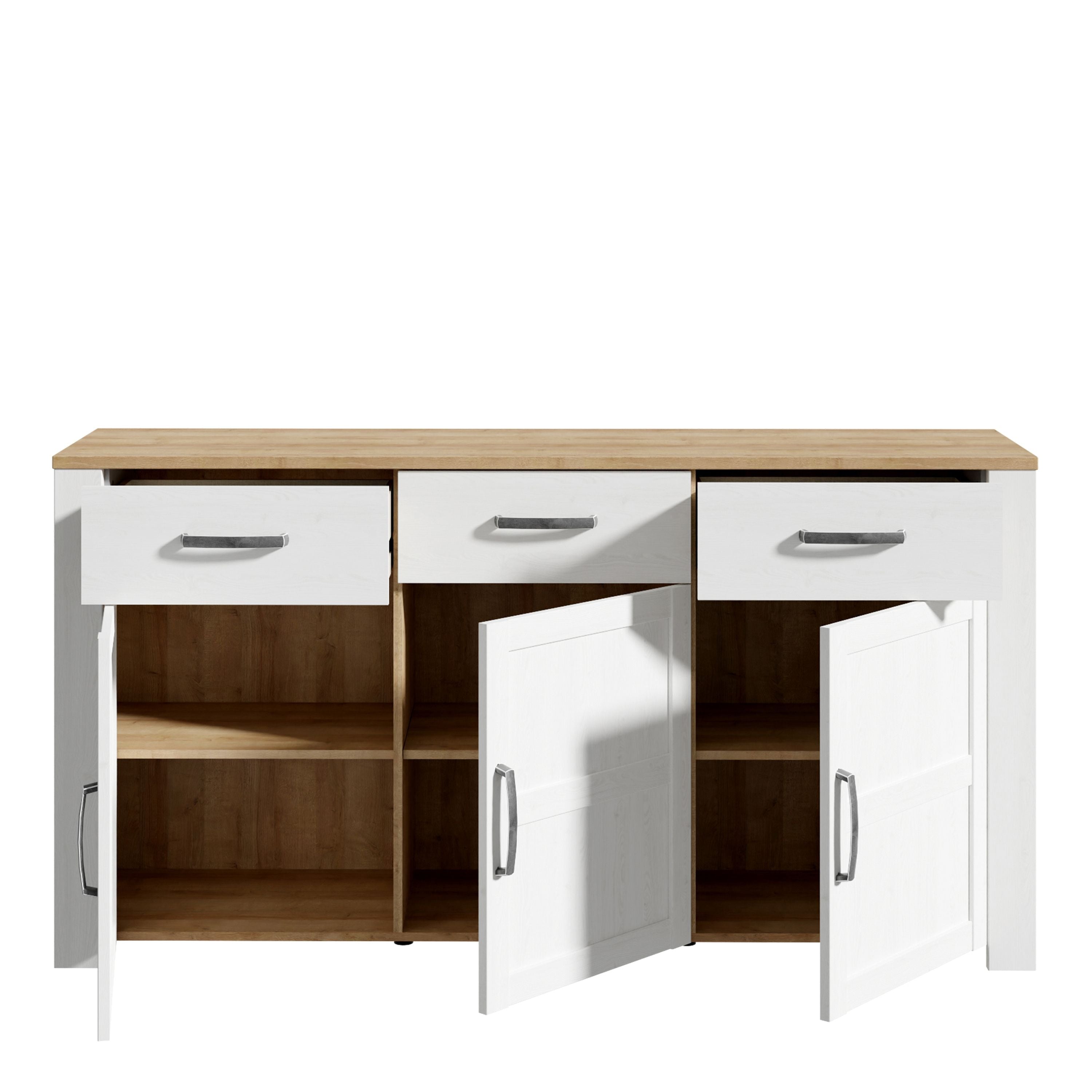 Bohol 3 Door 3 Drawer Sideboard In Riviera Oak & White - Price Crash Furniture