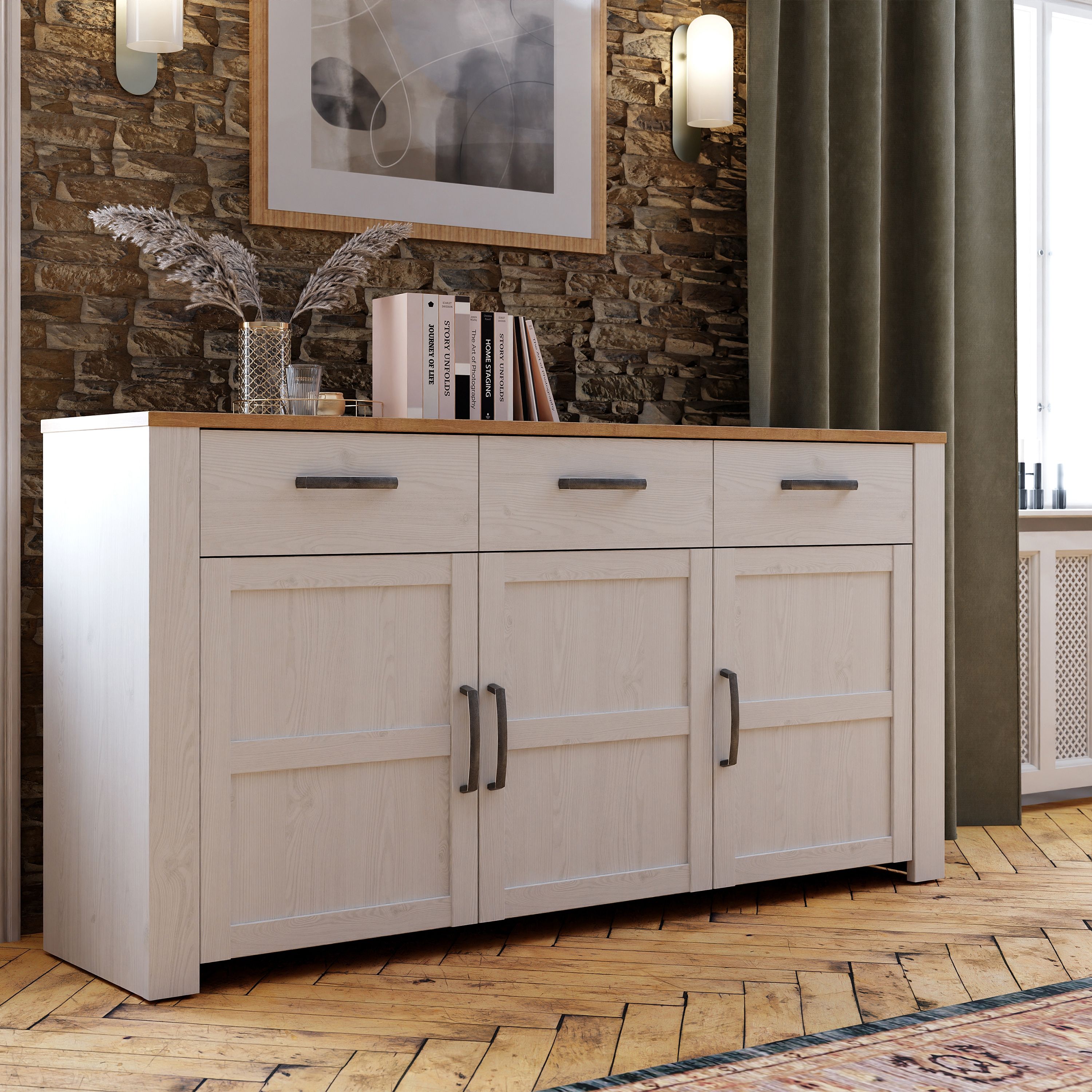 Bohol 3 Door 3 Drawer Sideboard In Riviera Oak & White - Price Crash Furniture