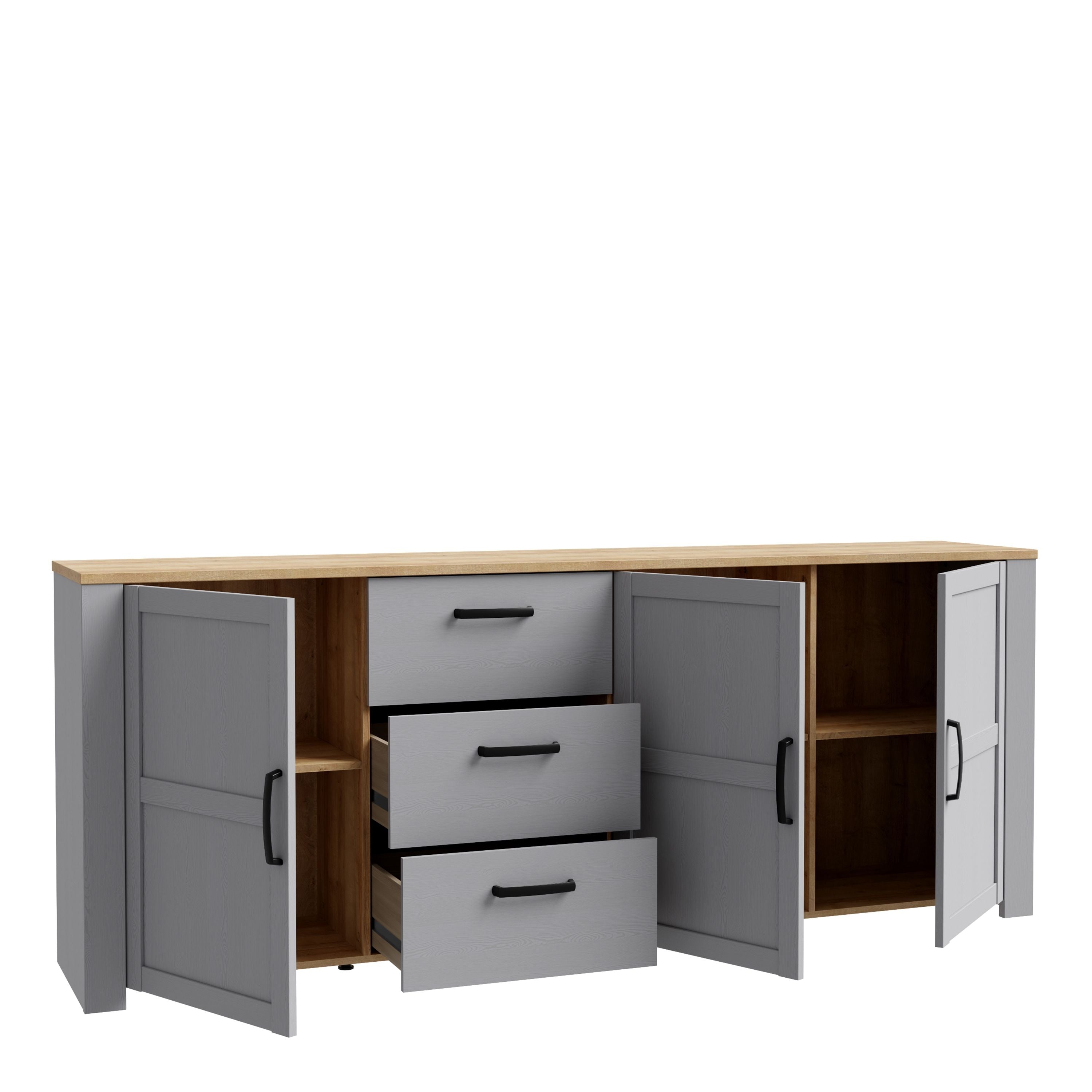 Bohol 3 Door 3 Drawer Large Sideboard Buffet Unit In Riviera Oak & Grey Oak - Price Crash Furniture