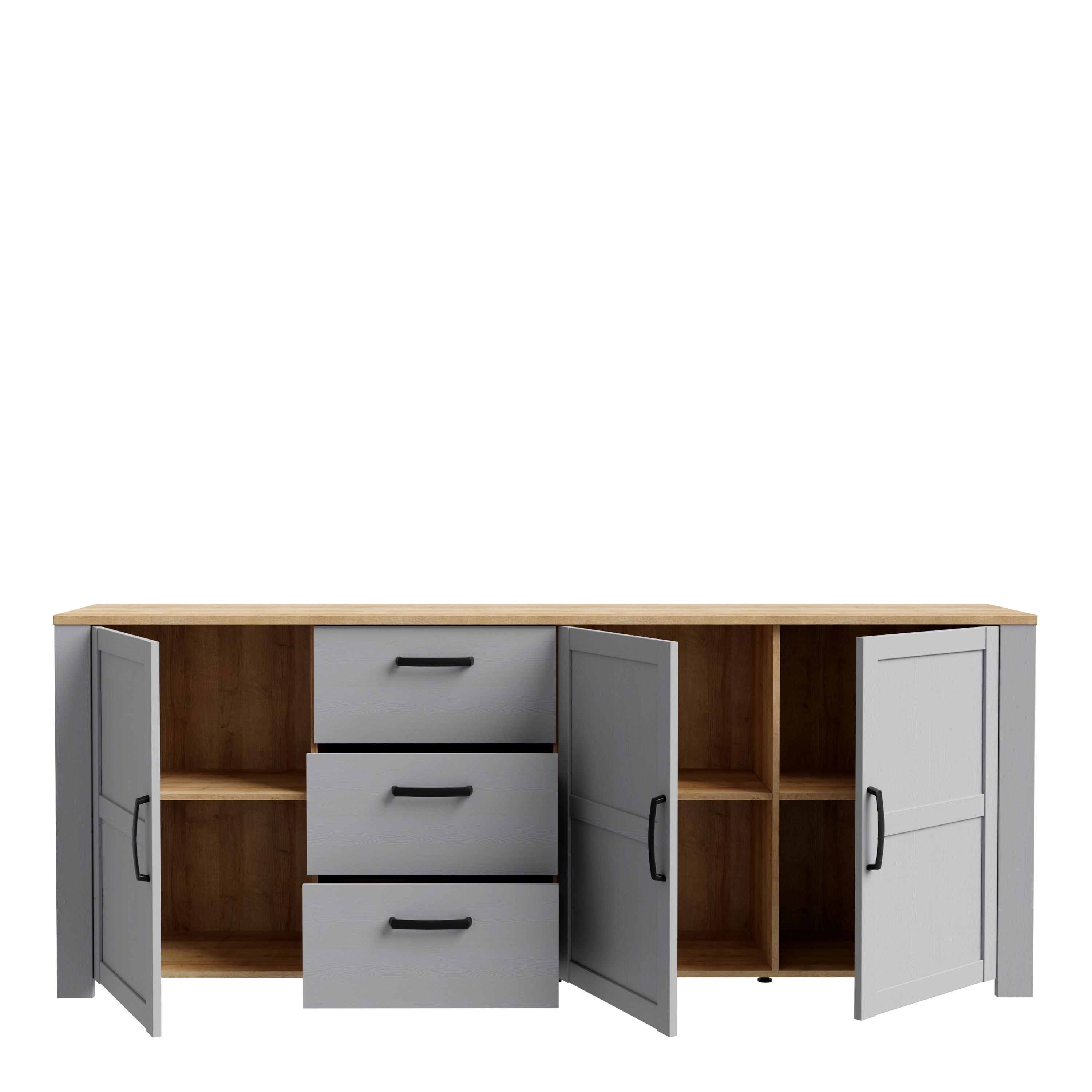 Bohol 3 Door 3 Drawer Large Sideboard Buffet Unit In Riviera Oak & Grey Oak - Price Crash Furniture