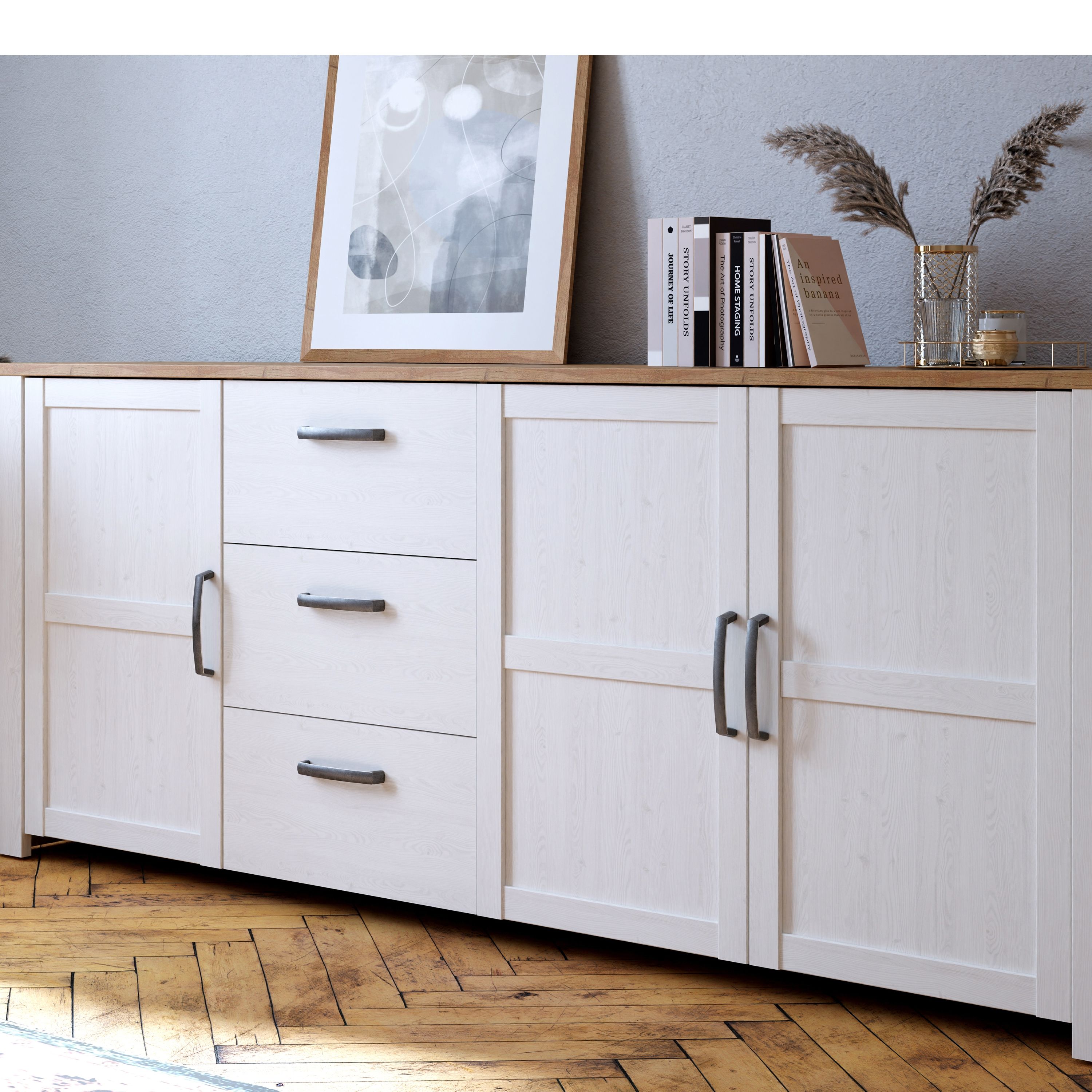 Bohol 3 Door 3 Drawer Large Sideboard In Riviera Oak/White - Price Crash Furniture