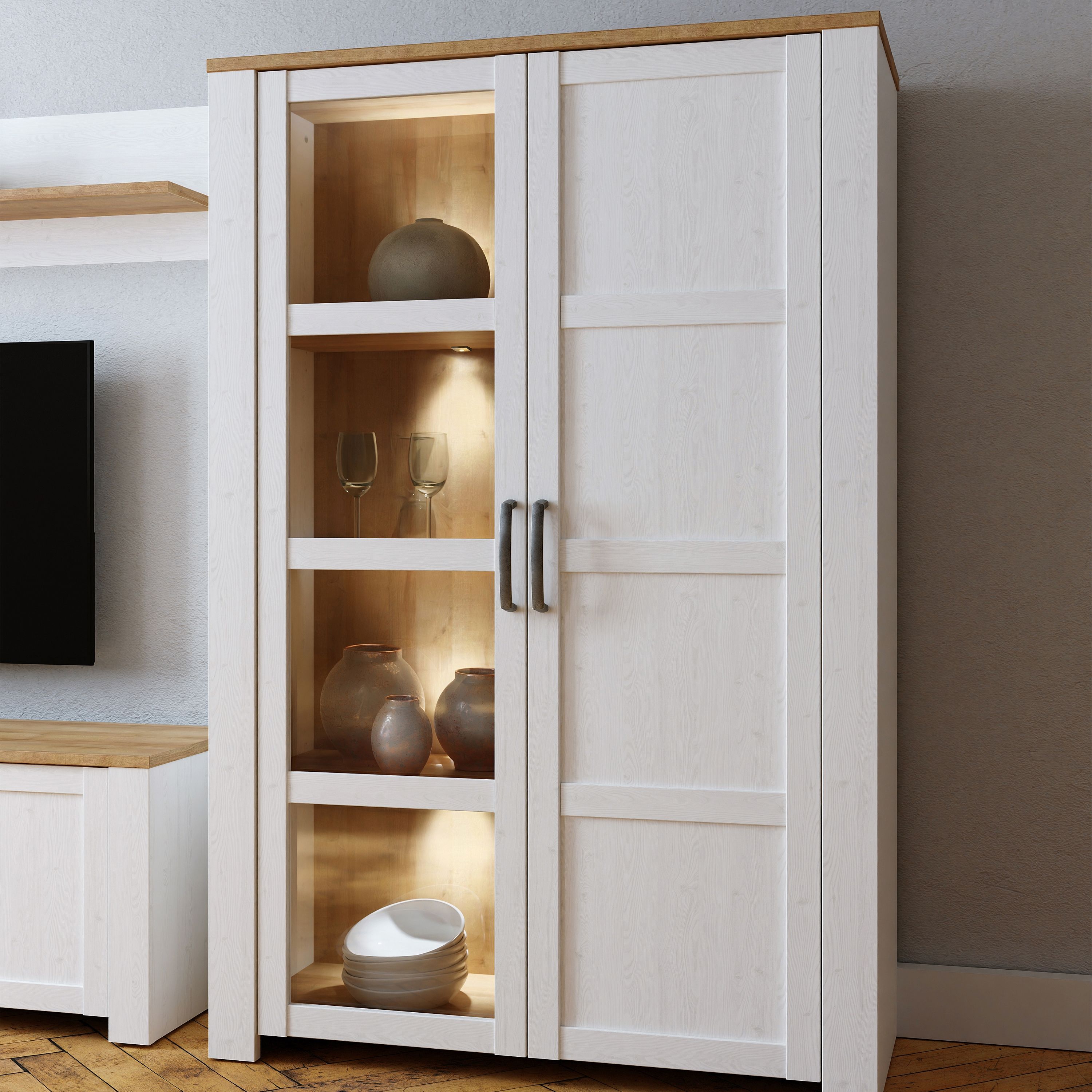 Bohol 2 Door Display Cabinet In Riviera Oak & White - Price Crash Furniture