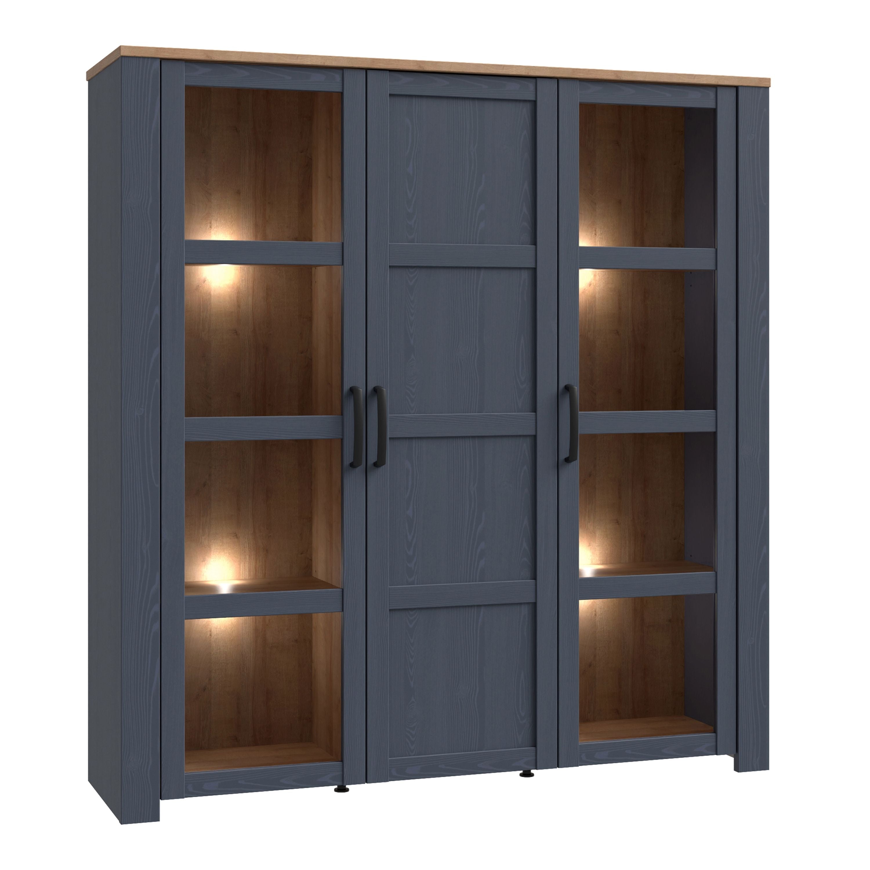 Bohol 3 Door Large Wide Display Cabinet In Riviera Oak/Navy - Price Crash Furniture