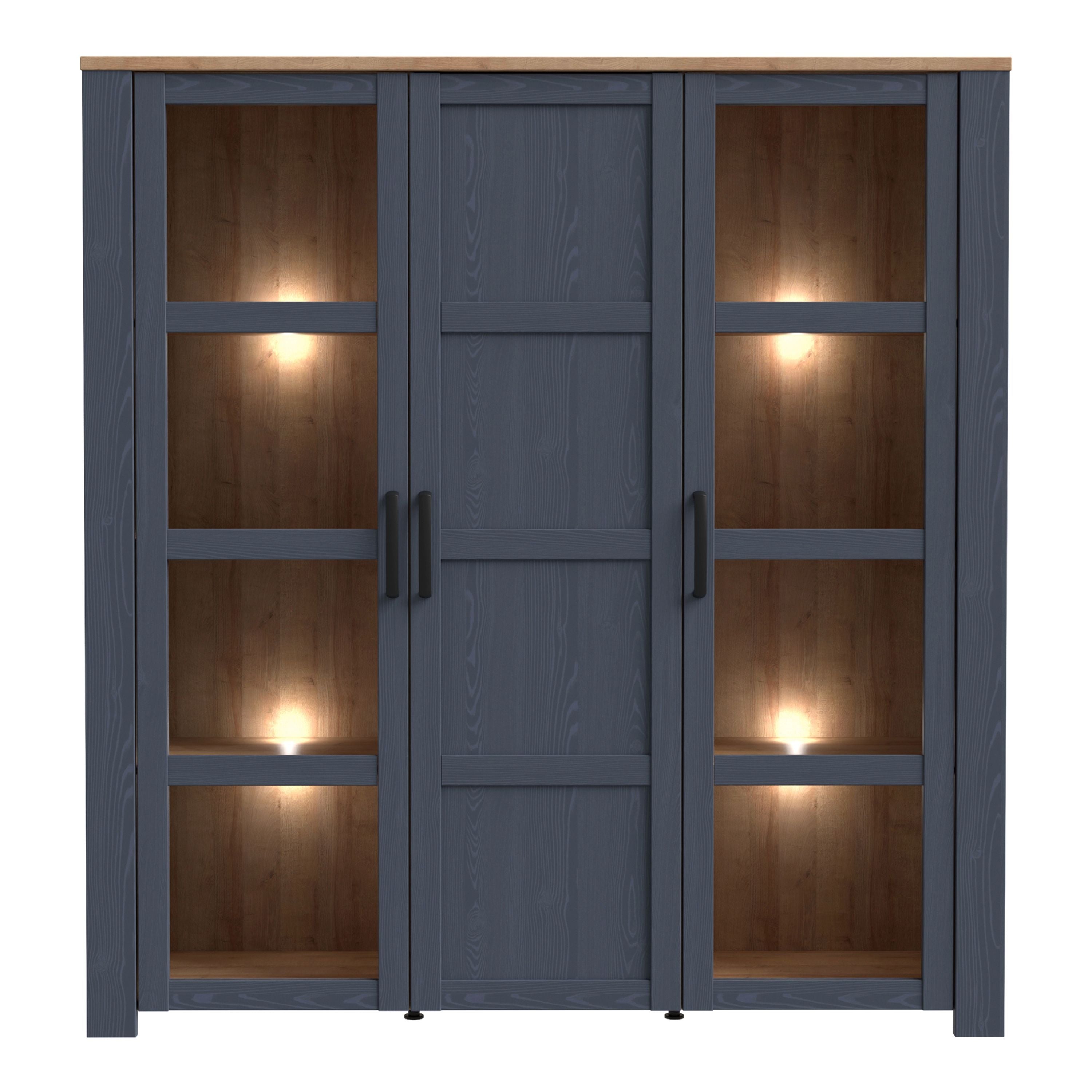 Bohol 3 Door Large Wide Display Cabinet In Riviera Oak/Navy - Price Crash Furniture