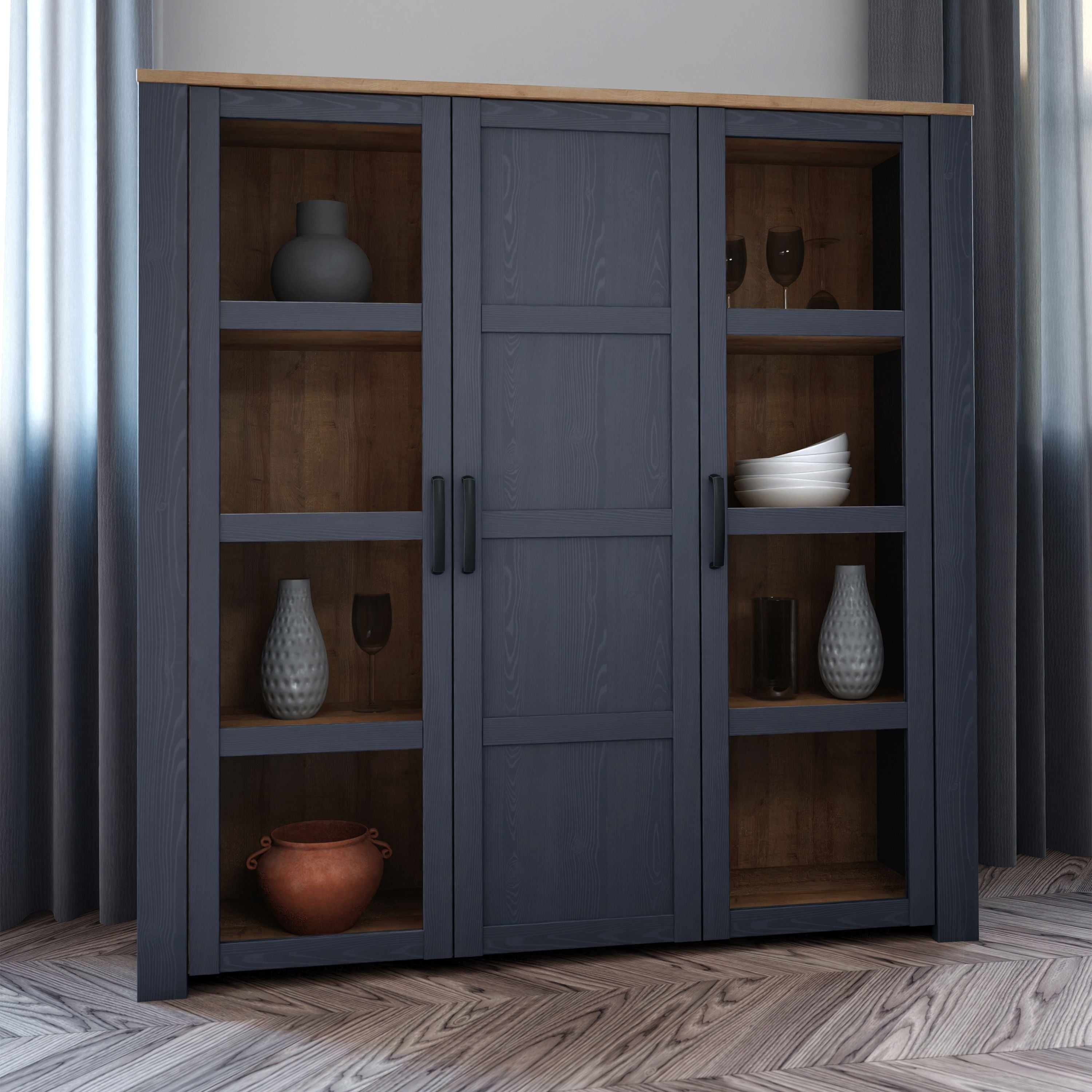 Bohol 3 Door Large Wide Display Cabinet In Riviera Oak/Navy - Price Crash Furniture