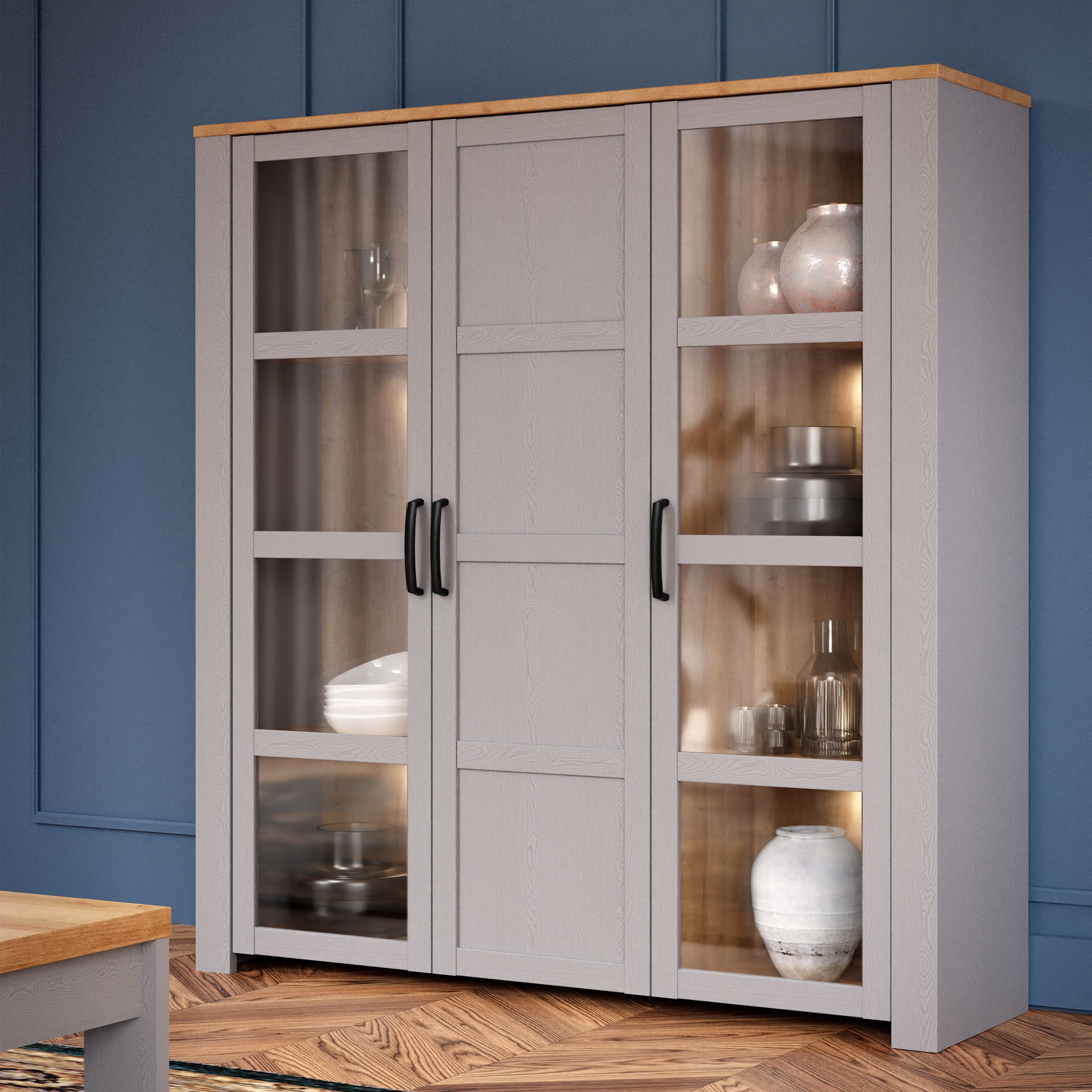 Bohol 3 Door Large Display Cabinet In Riviera Oak & Grey Oak - Price Crash Furniture