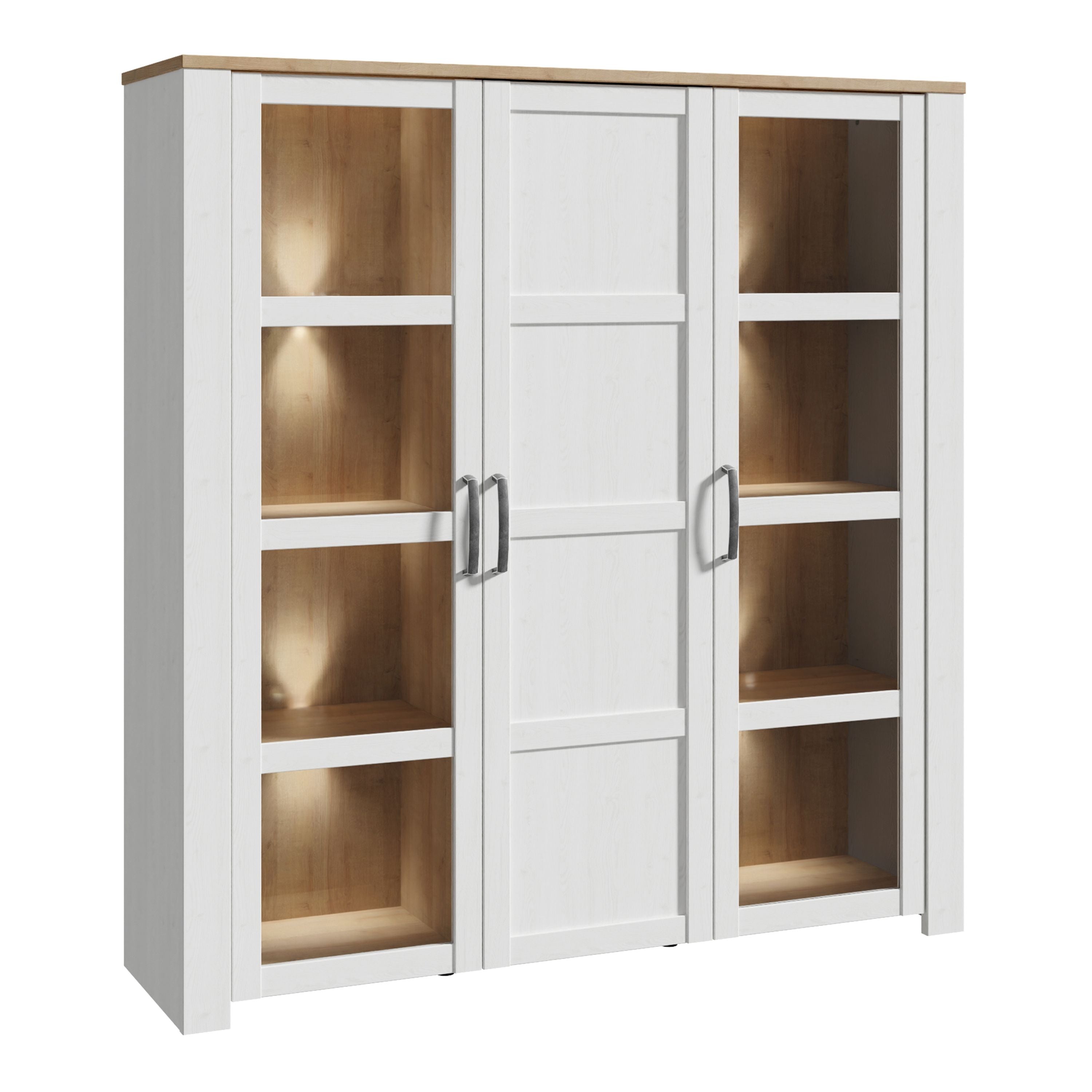 Bohol 3 Door Large Display Cabinet In Riviera Oak & White - Price Crash Furniture