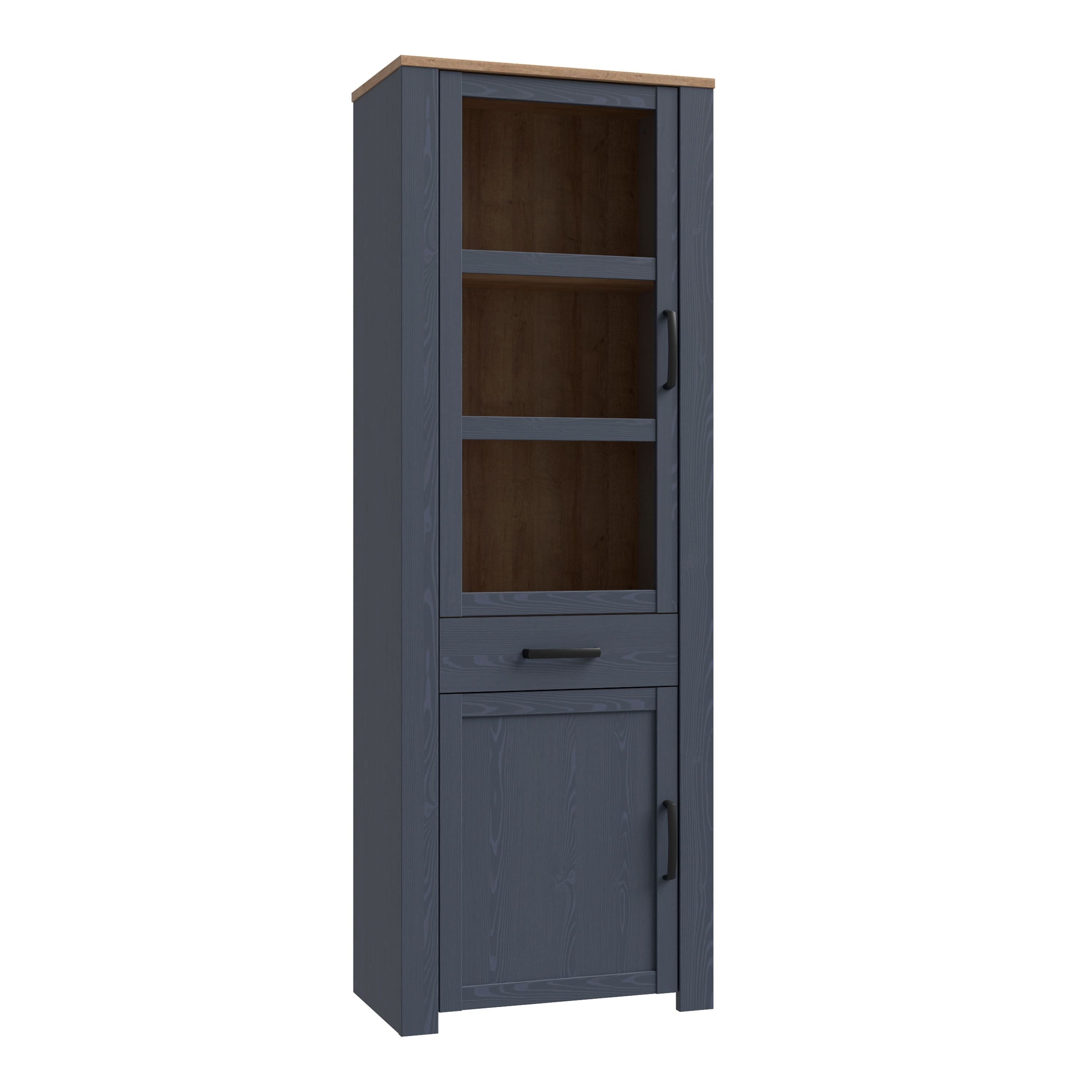 Bohol 2 Door 1 Drawer Tall Narrow Display Cabinet In Riviera Oak & Navy - Price Crash Furniture