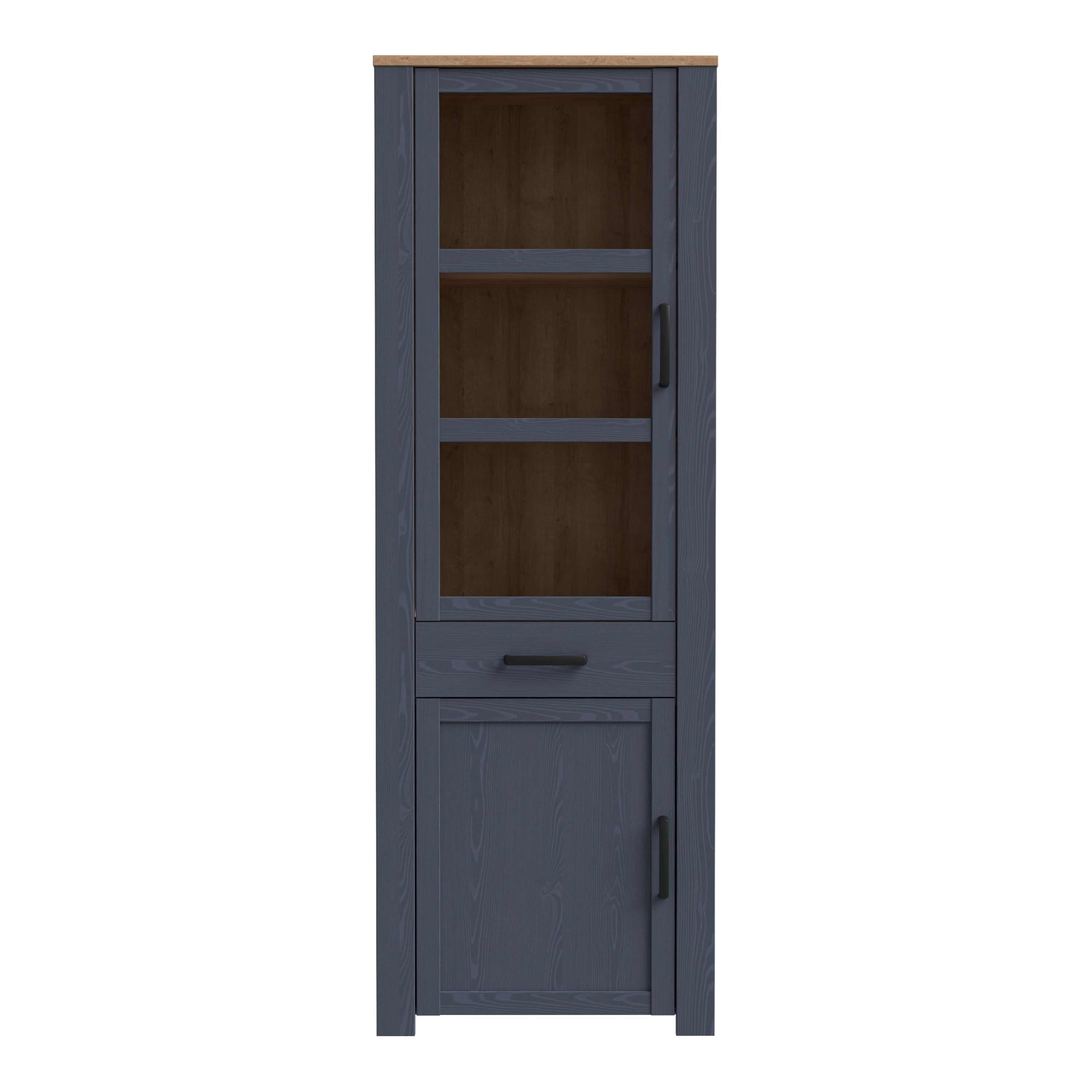 Bohol 2 Door 1 Drawer Tall Narrow Display Cabinet In Riviera Oak & Navy - Price Crash Furniture