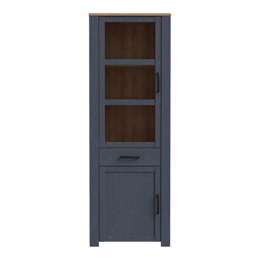 Bohol 2 Door 1 Drawer Tall Narrow Display Cabinet In Riviera Oak & Navy - Price Crash Furniture