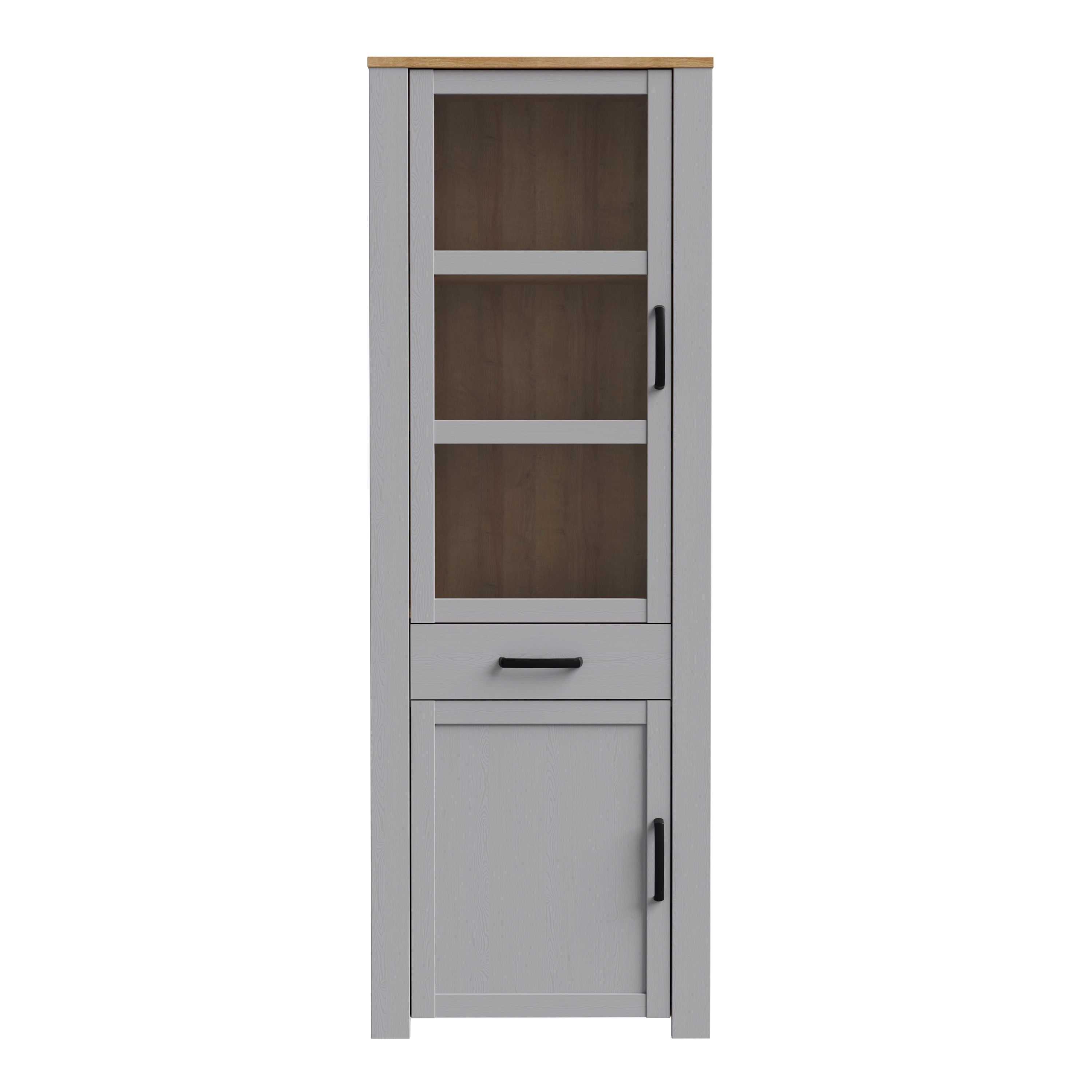 Bohol 2 Door 1 Drawer Tall Narrow Display Cabinet In Riviera Oak & Grey Oak - Price Crash Furniture