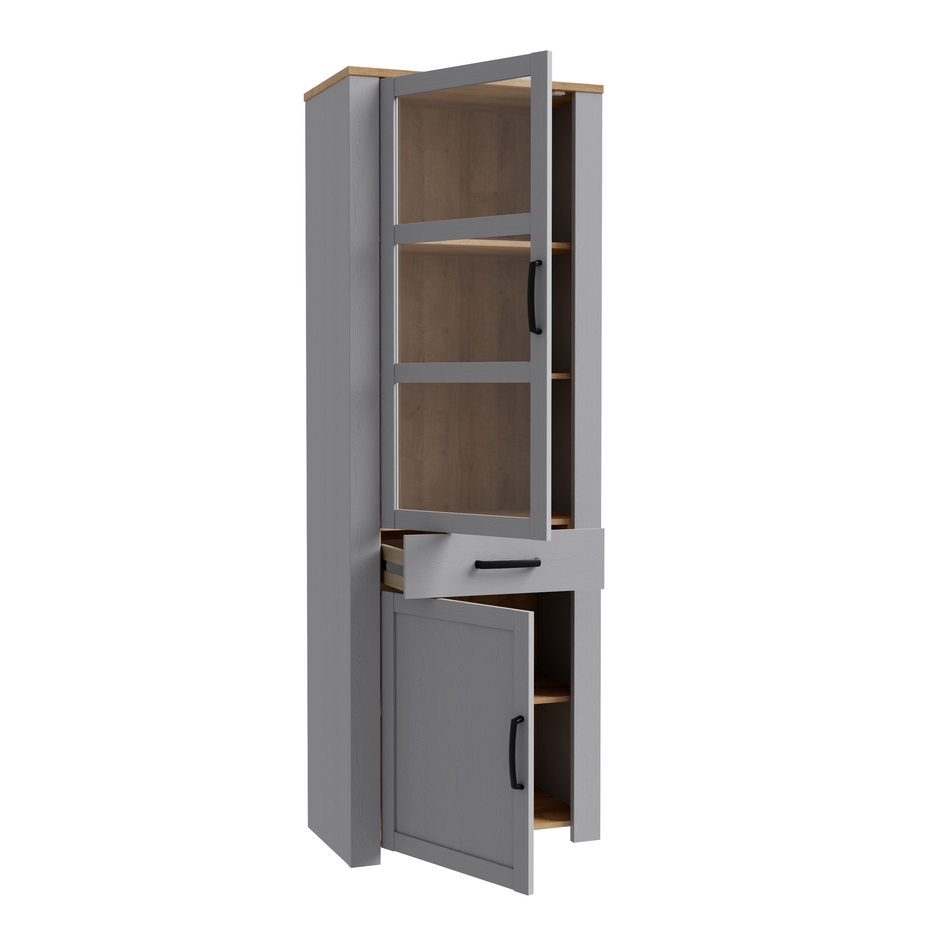 Bohol 2 Door 1 Drawer Tall Narrow Display Cabinet In Riviera Oak & Grey Oak - Price Crash Furniture