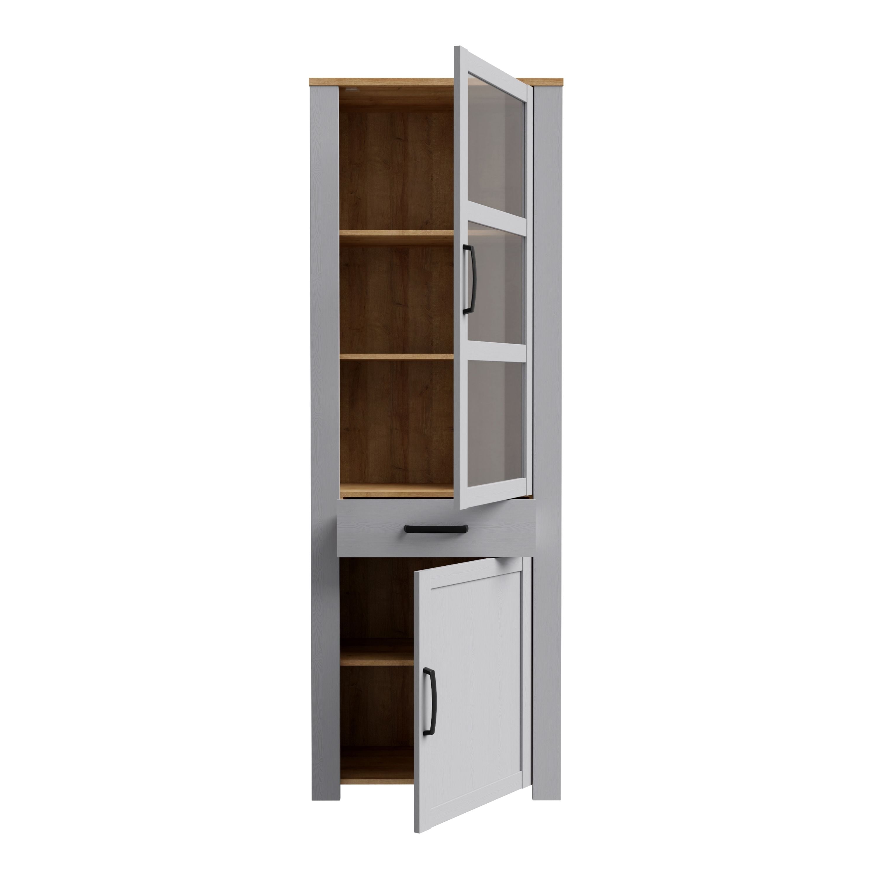 Bohol 2 Door 1 Drawer Tall Narrow Display Cabinet In Riviera Oak & Grey Oak - Price Crash Furniture