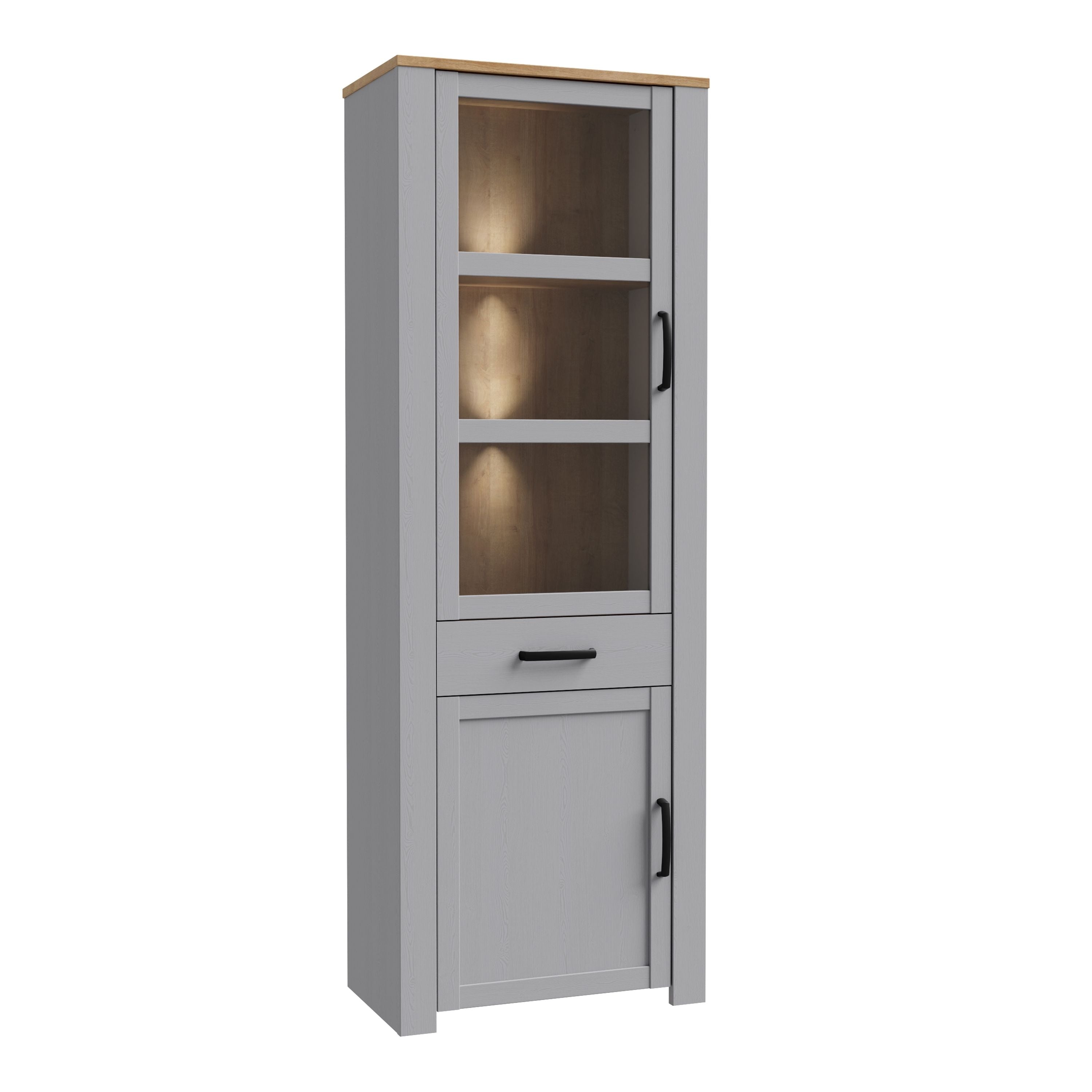 Bohol 2 Door 1 Drawer Tall Narrow Display Cabinet In Riviera Oak & Grey Oak - Price Crash Furniture