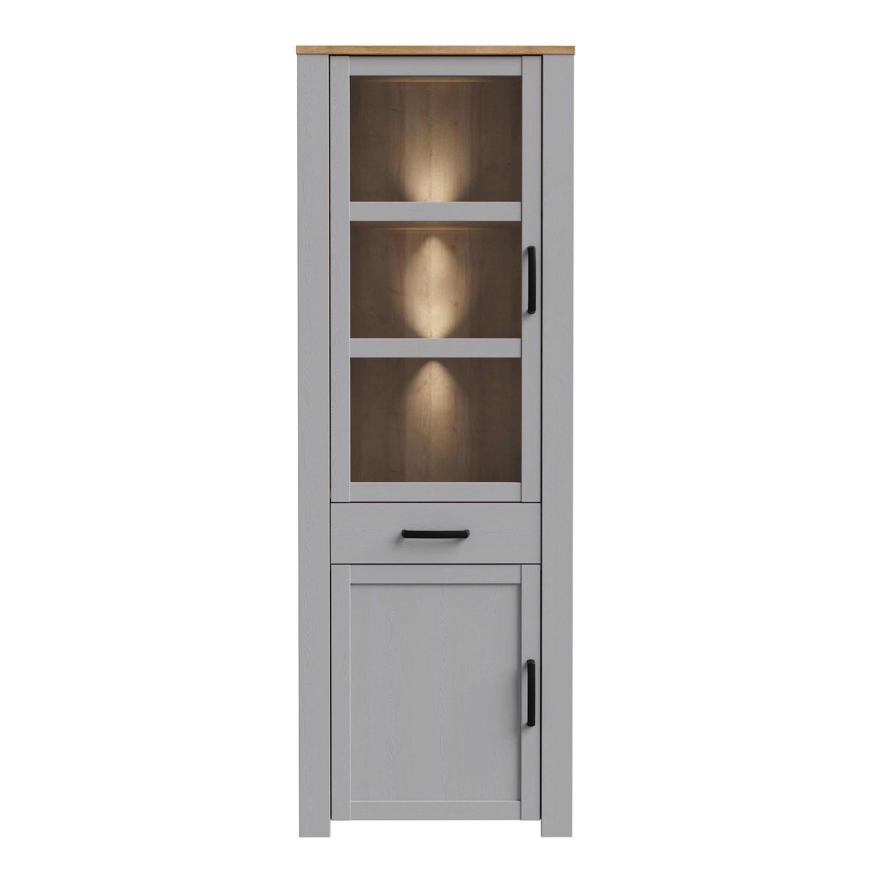 Bohol 2 Door 1 Drawer Tall Narrow Display Cabinet In Riviera Oak & Grey Oak - Price Crash Furniture