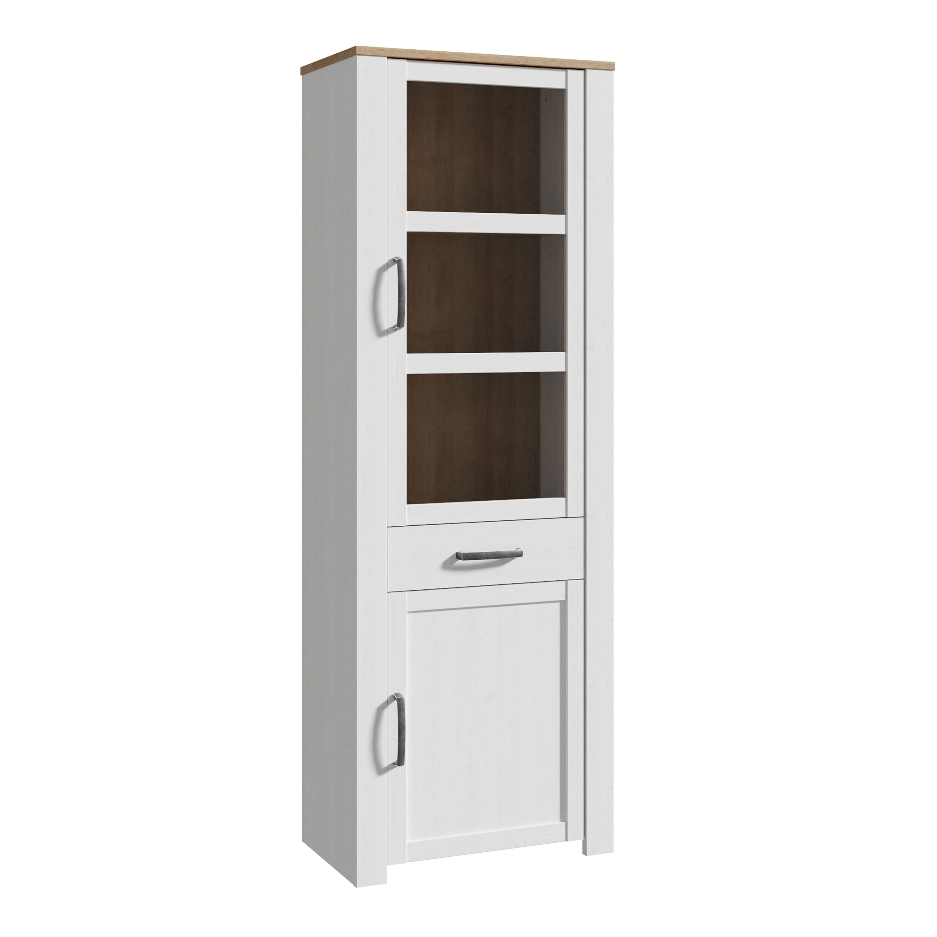 Bohol 2 Door 1 Drawer Tall Narrow Display Cabinet In Riviera Oak & White - Price Crash Furniture