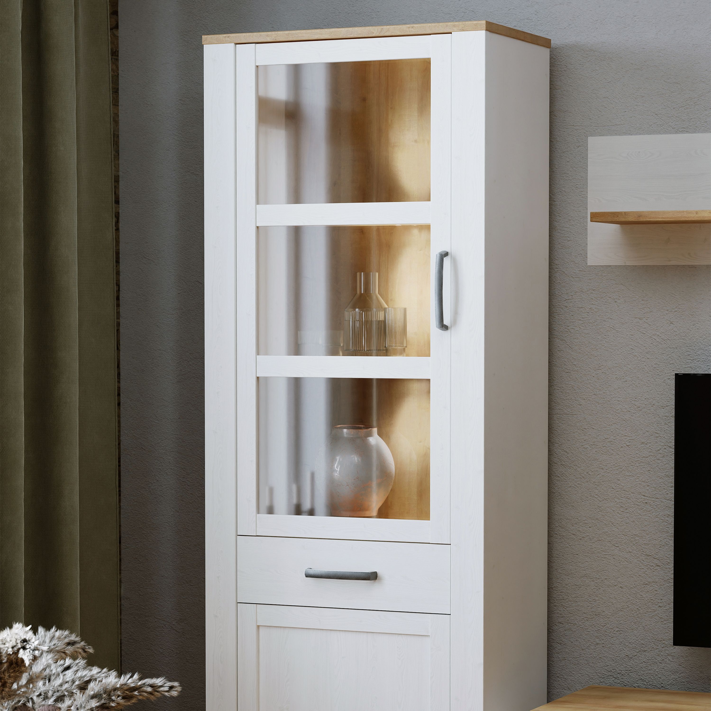 Bohol 2 Door 1 Drawer Tall Narrow Display Cabinet In Riviera Oak & White - Price Crash Furniture