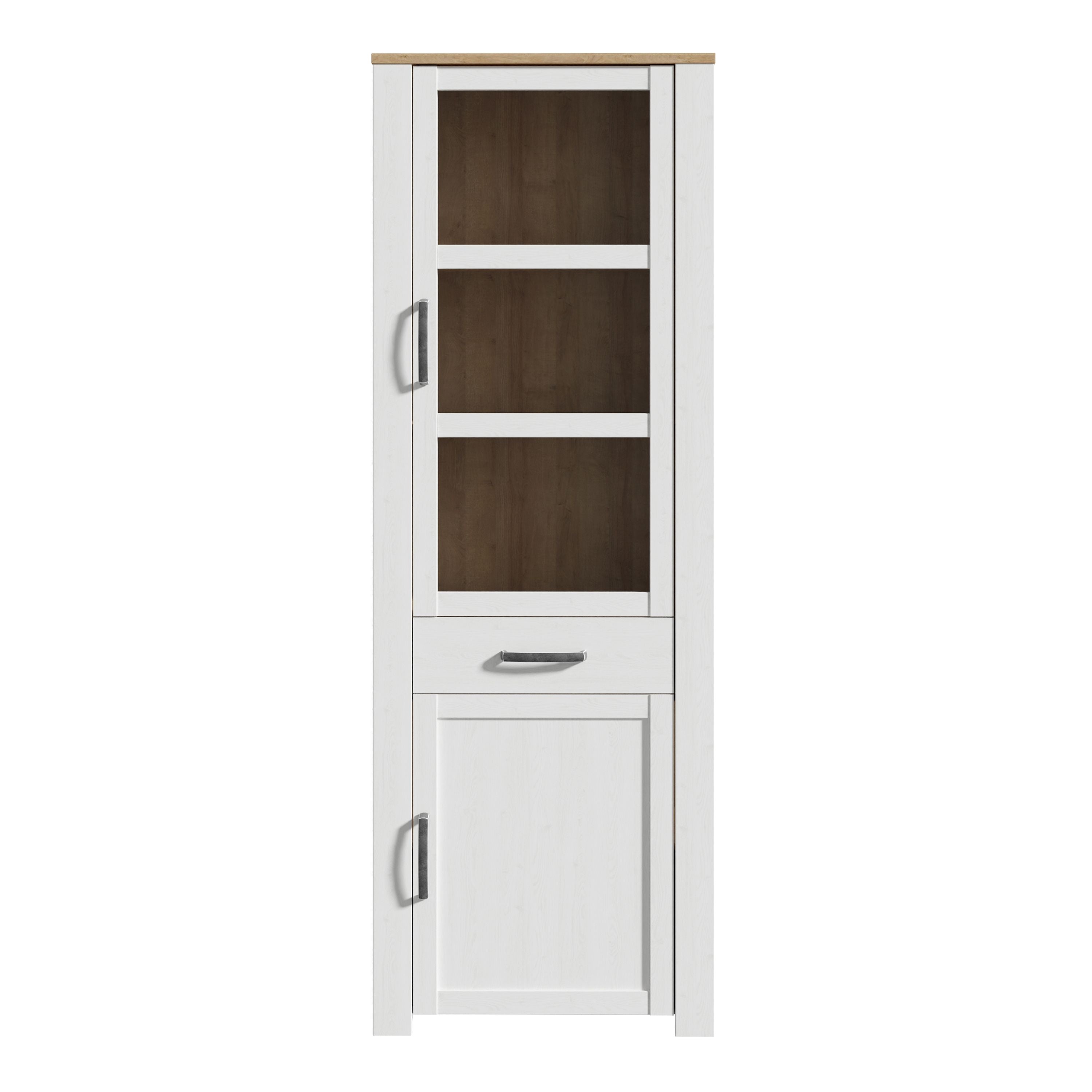 Bohol 2 Door 1 Drawer Tall Narrow Display Cabinet In Riviera Oak & White - Price Crash Furniture