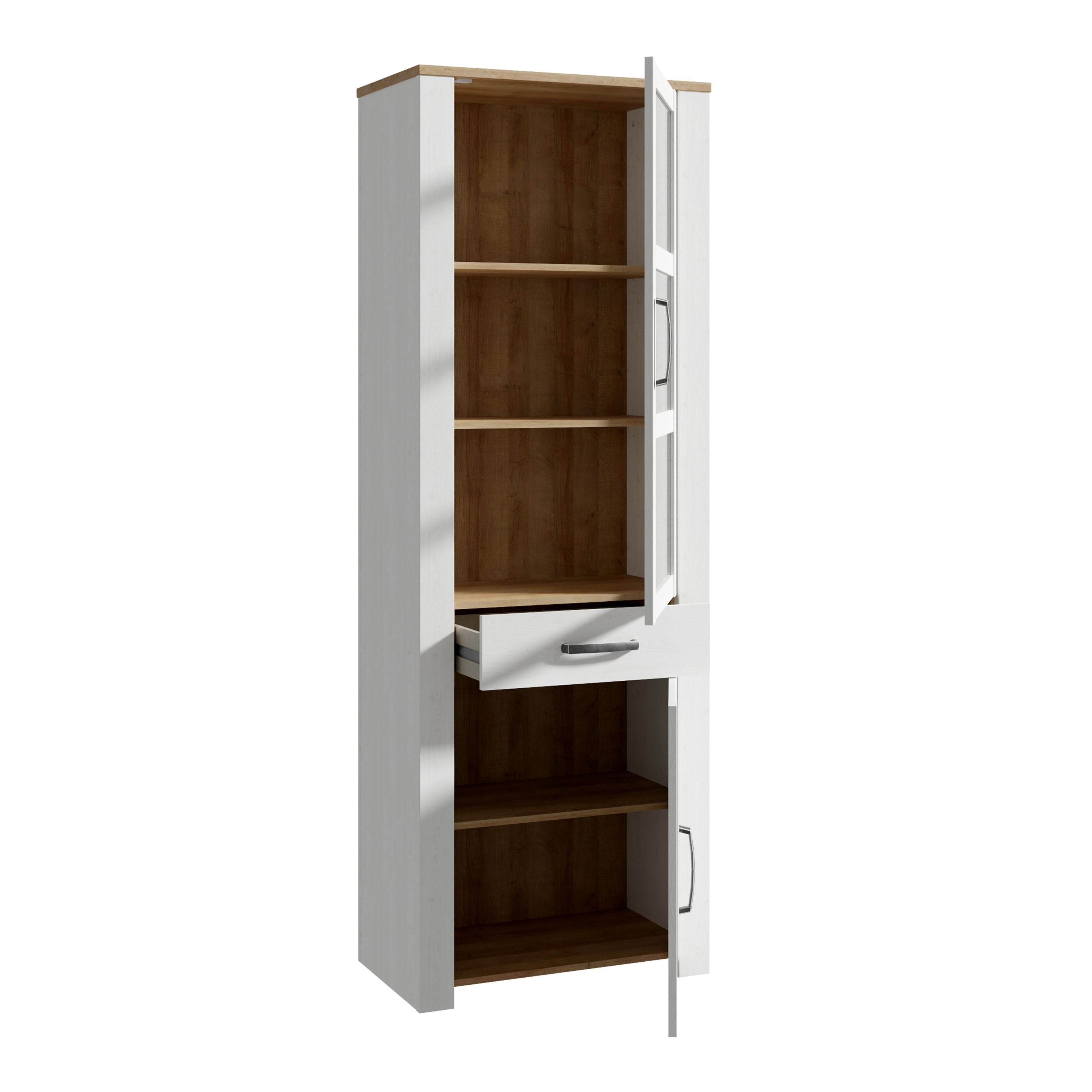 Bohol 2 Door 1 Drawer Tall Narrow Display Cabinet In Riviera Oak & White - Price Crash Furniture