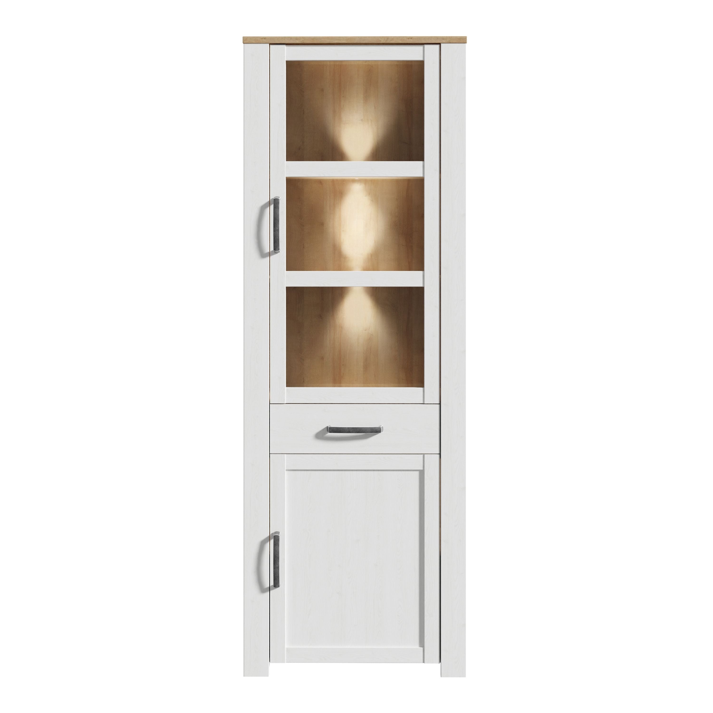 Bohol 2 Door 1 Drawer Tall Narrow Display Cabinet In Riviera Oak & White - Price Crash Furniture