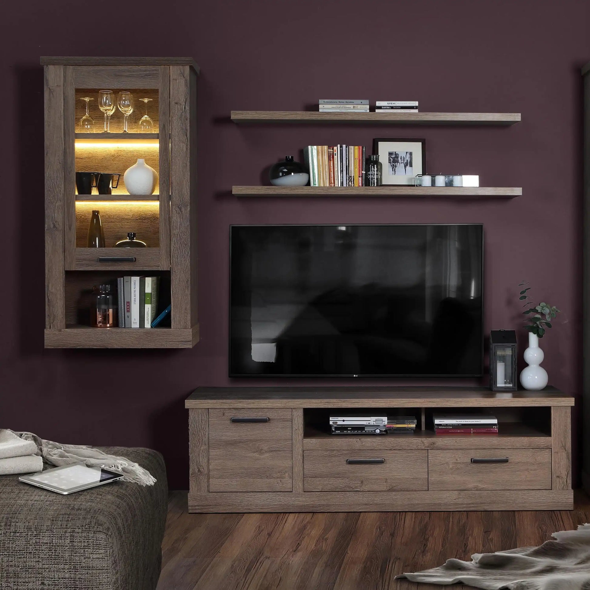 Corona 1 Door Wall Mounted Display Cabinet Shelving in Tabak Oak - Price Crash Furniture