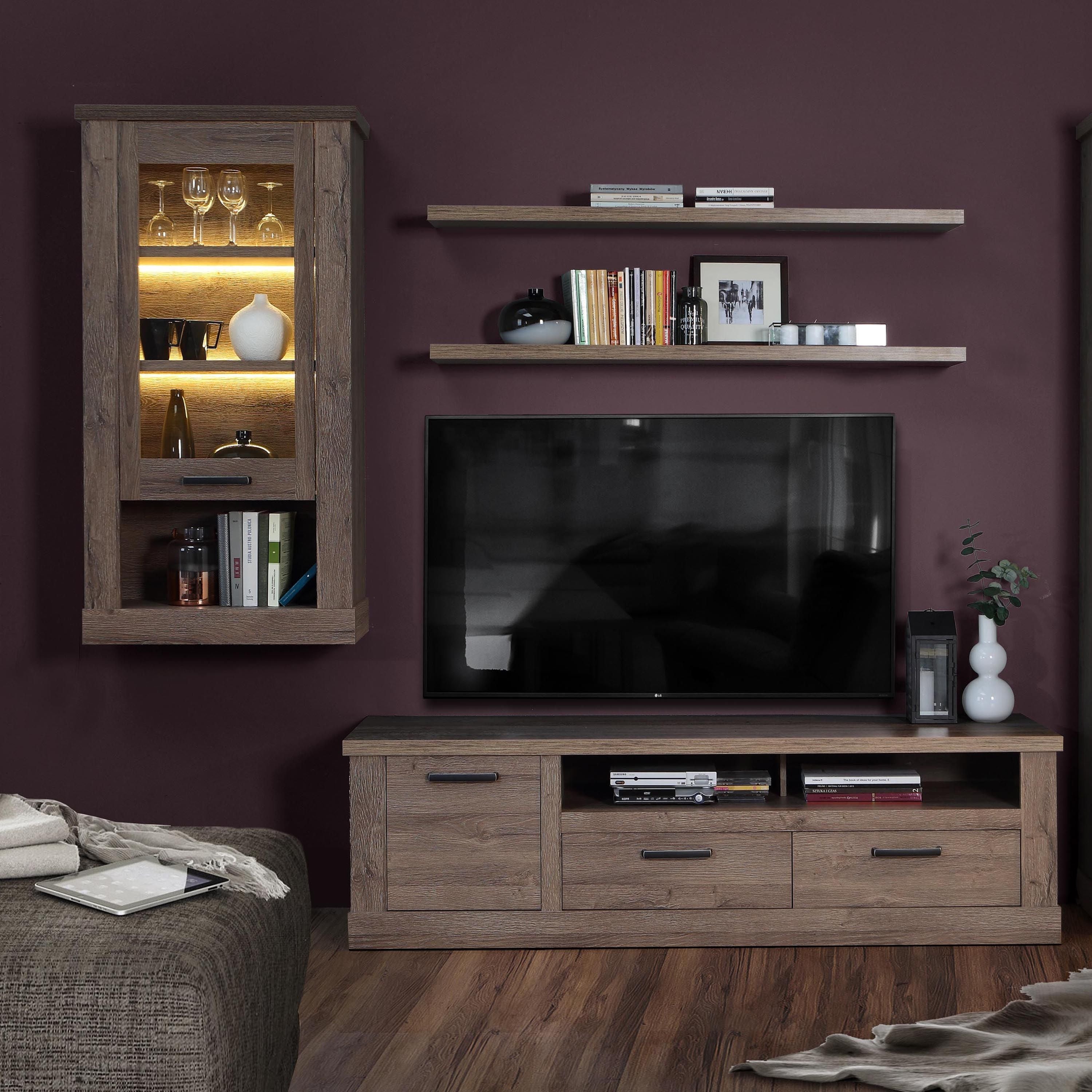 Corona 1 Door Wall Mounted Display Cabinet Shelving in Tabak Oak - Price Crash Furniture