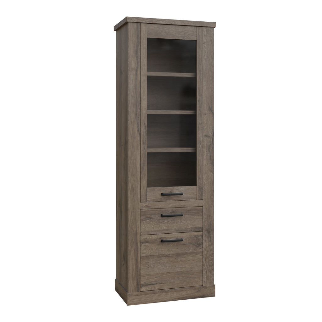 Corona 2 Door 1 Drawer 3 Shelve Narrow Display Cabinet In Tabak Oak - Price Crash Furniture
