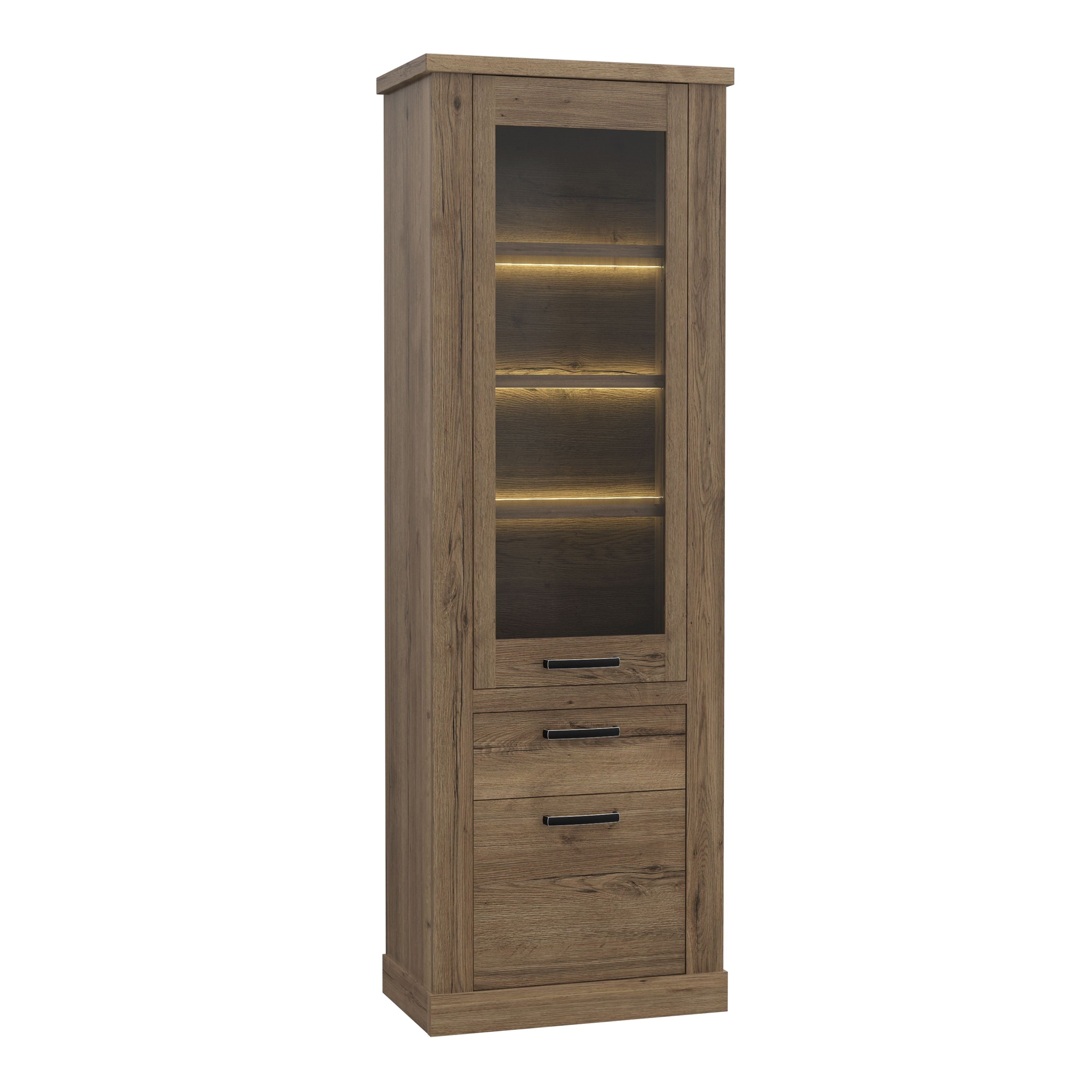 Corona 2 Door 1 Drawer 3 Shelf Narrow Display Cabinet Unit Tabak Oak - Price Crash Furniture