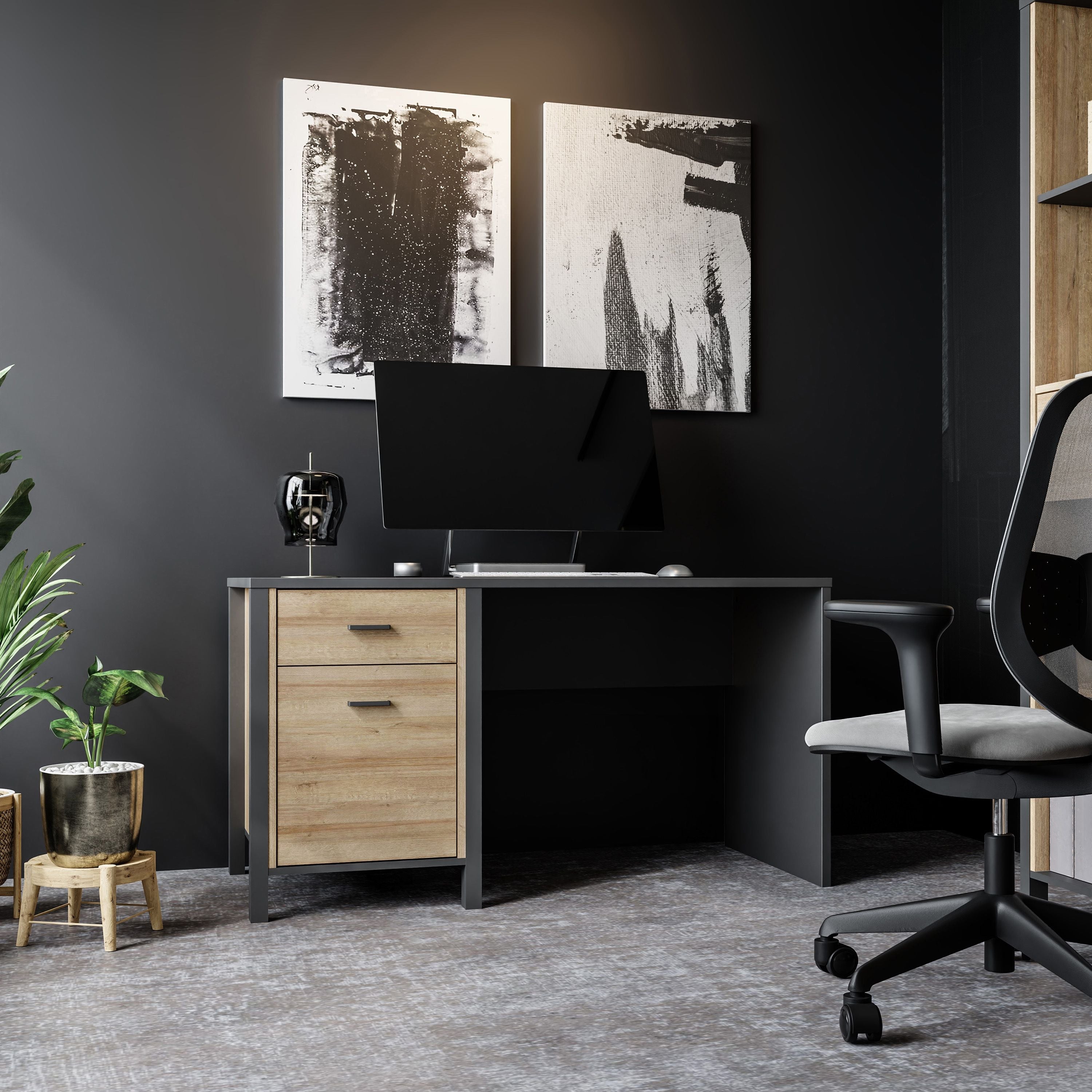 High Rock Home Office Desk In Matt Black & Riviera Oak - Price Crash Furniture