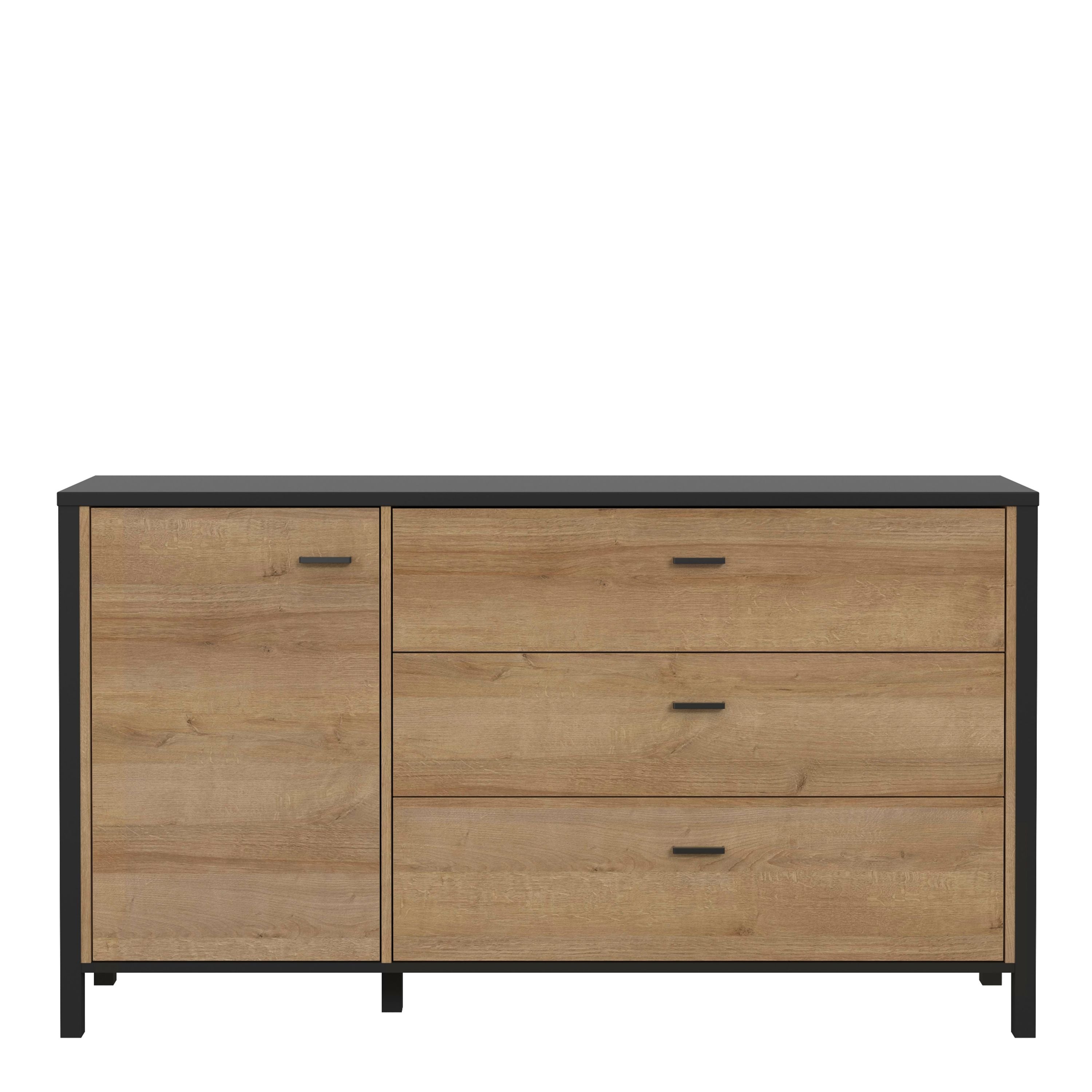 High Rock Sideboard Buffet Unit with 3 Drawers & 1 Door In Matt Black & Riviera Oak - Price Crash Furniture