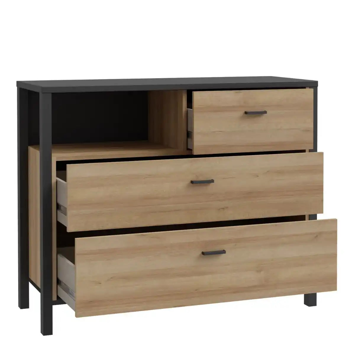 High Rock Chest of 3 Drawers in Matt Black/Riviera Oak