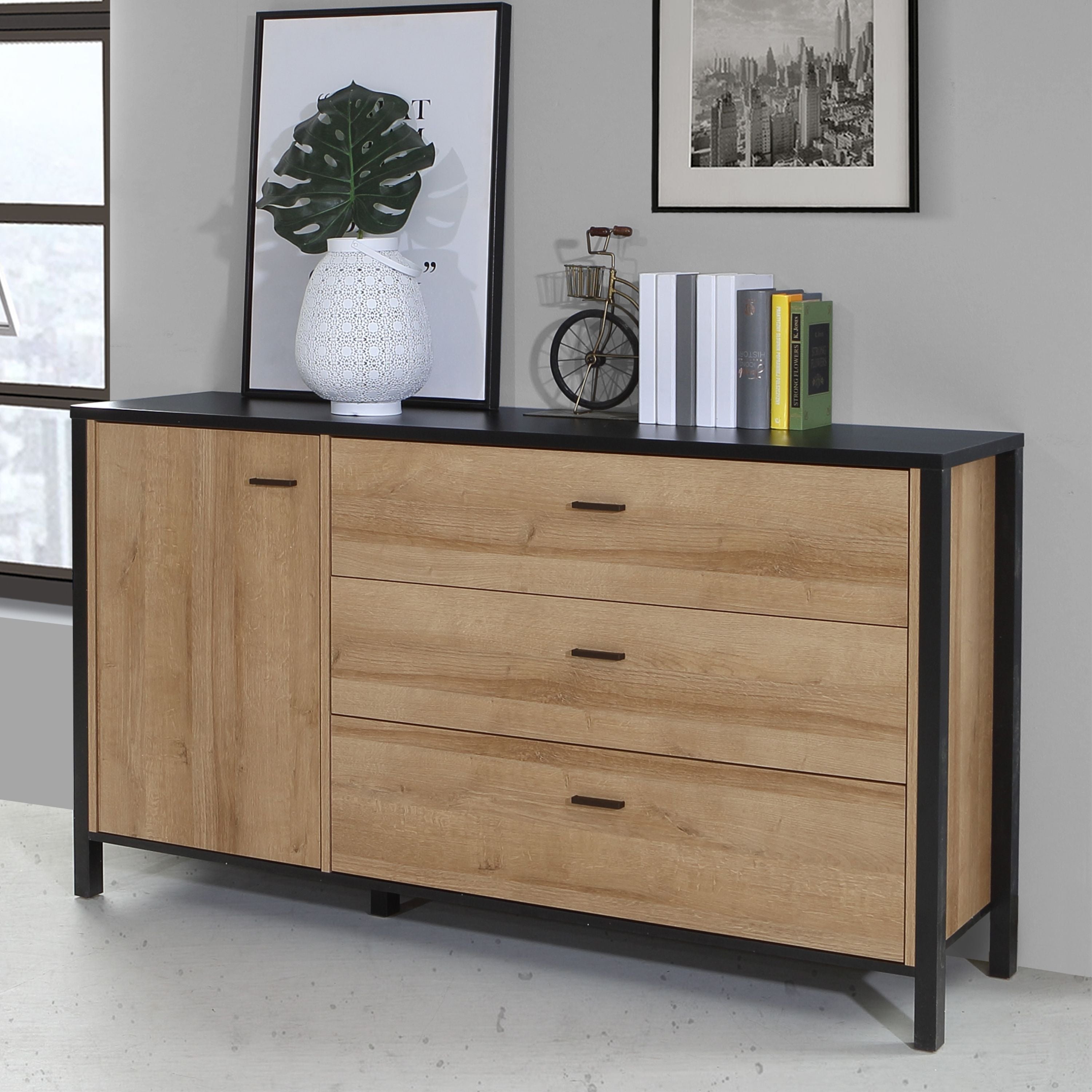 High Rock Sideboard Buffet Unit with 3 Drawers & 1 Door In Matt Black & Riviera Oak - Price Crash Furniture