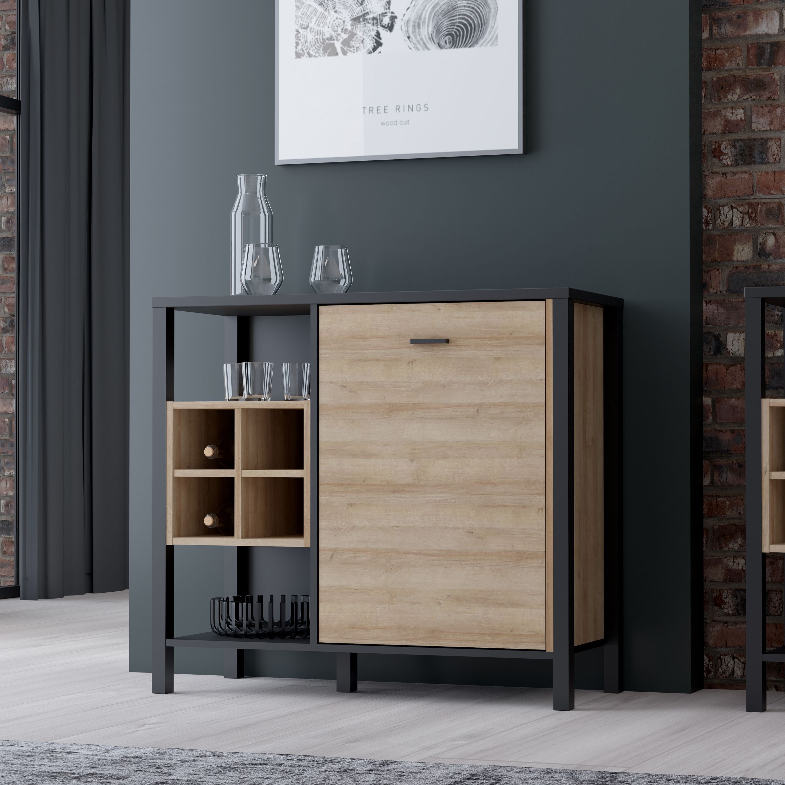 High Rock Storage Unit Display Cabinet In Matt Black and Riviera Oak - Price Crash Furniture