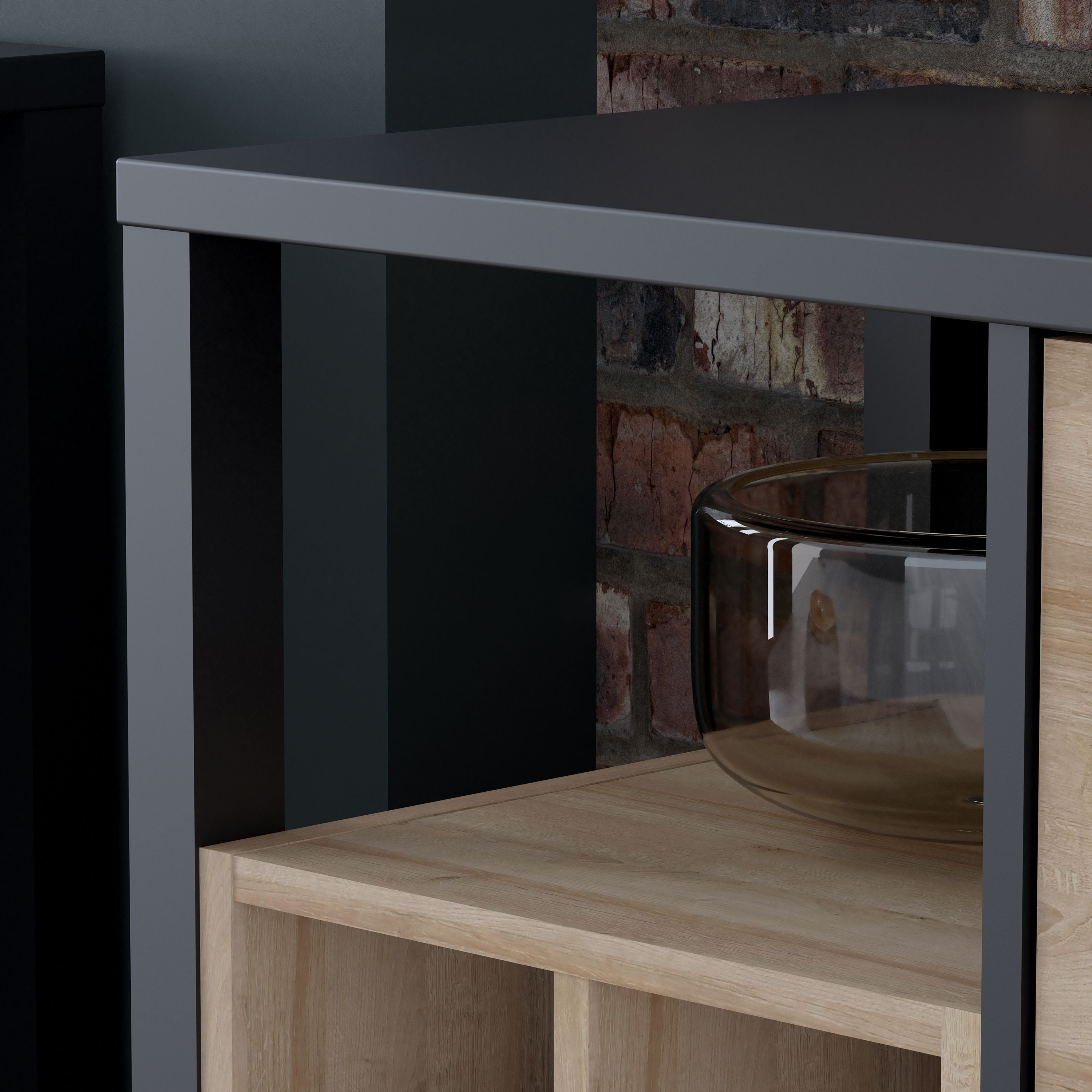 High Rock Storage Unit Display Cabinet In Matt Black and Riviera Oak - Price Crash Furniture