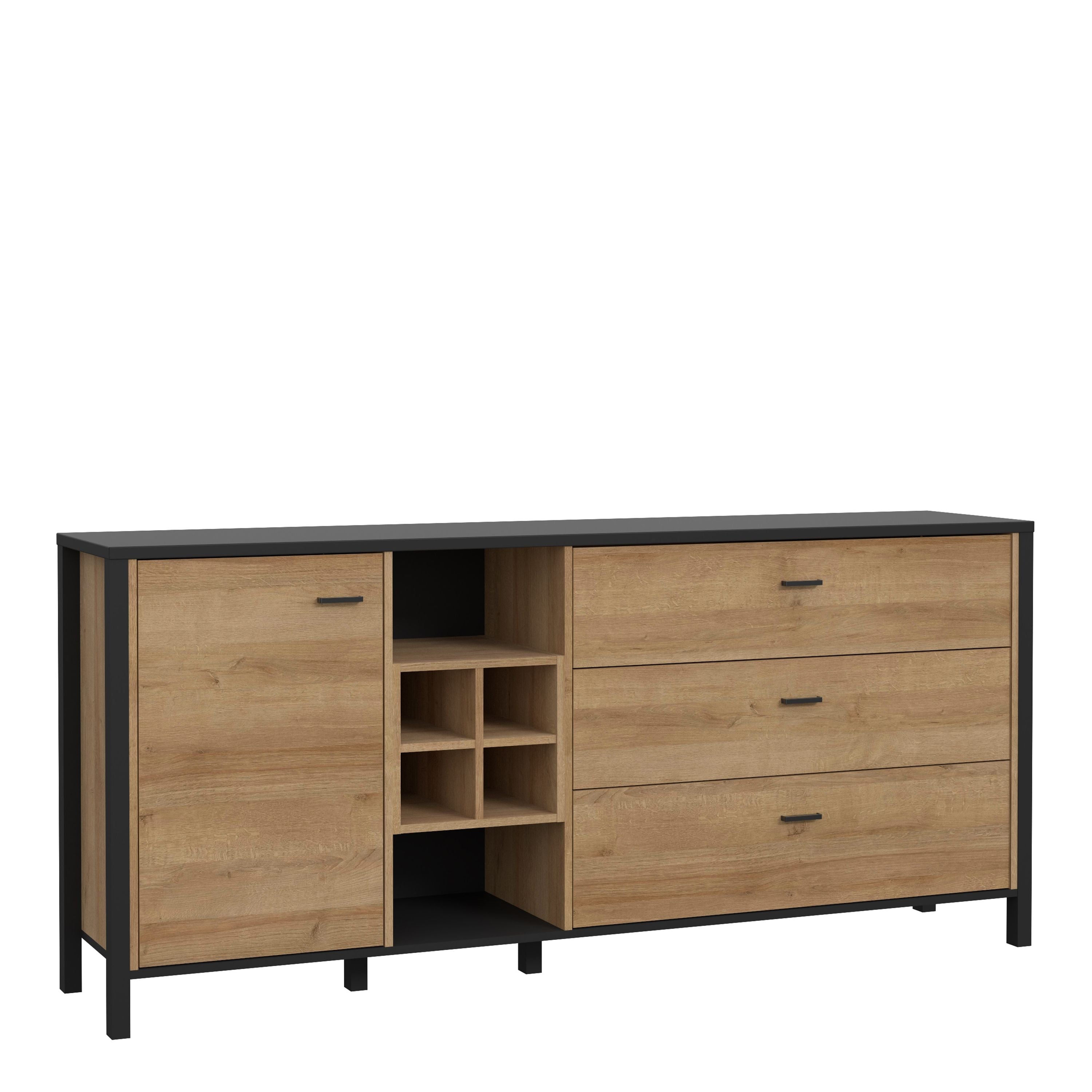 High Rock Large Wide Sideboard Buffet Unit In Matt Black & Riviera Oak - Price Crash Furniture