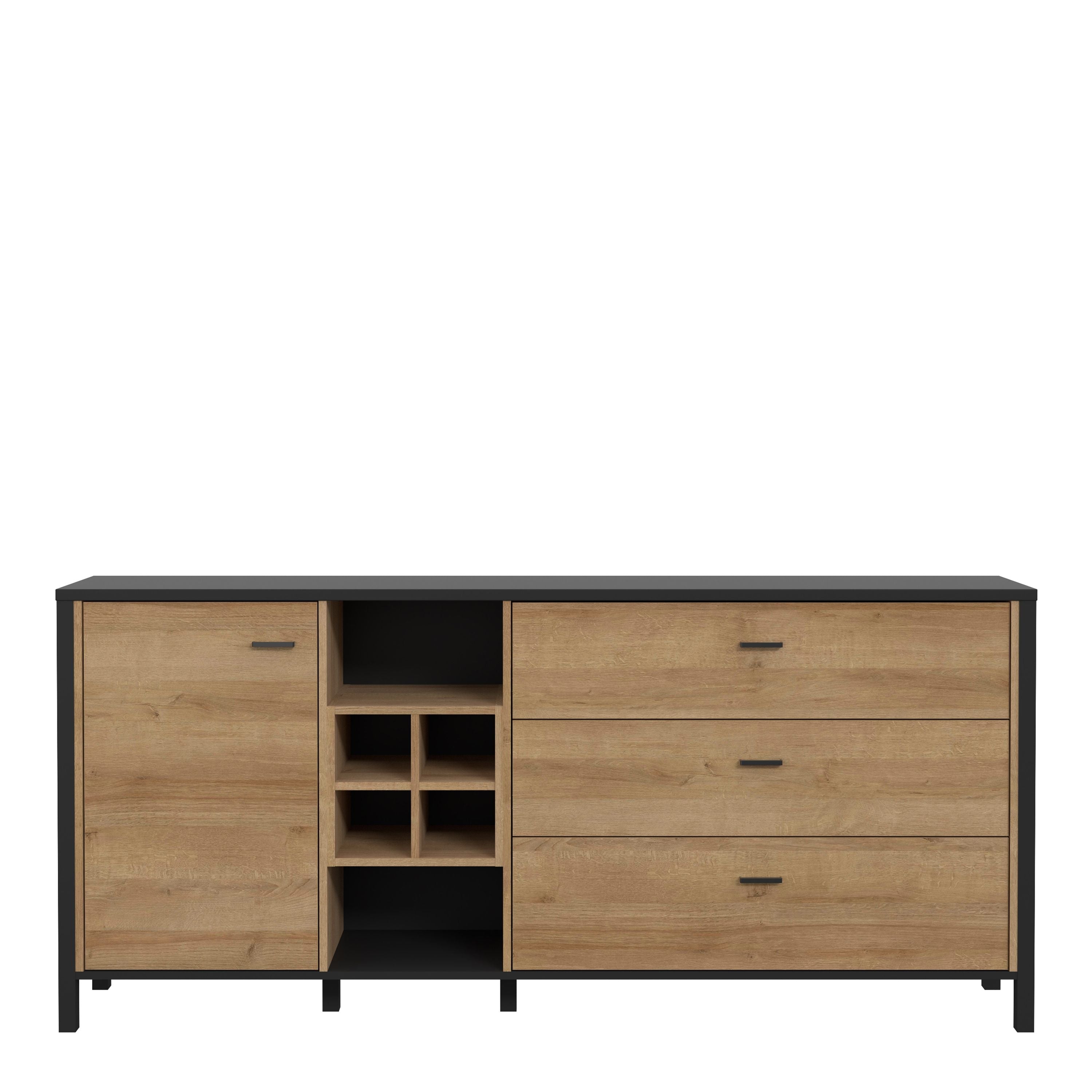 High Rock Large Wide Sideboard Buffet Unit In Matt Black & Riviera Oak - Price Crash Furniture