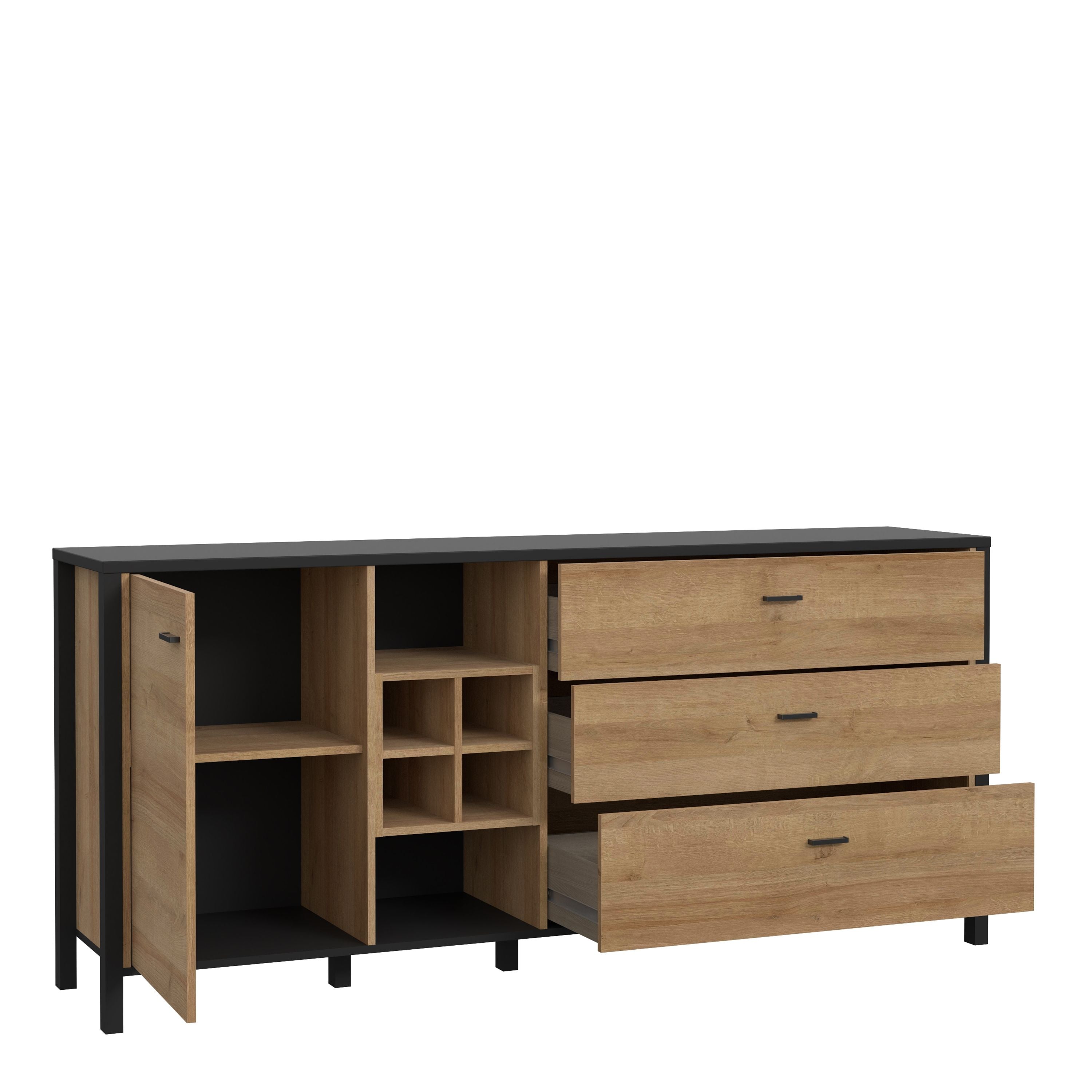 High Rock Large Wide Sideboard Buffet Unit In Matt Black & Riviera Oak - Price Crash Furniture