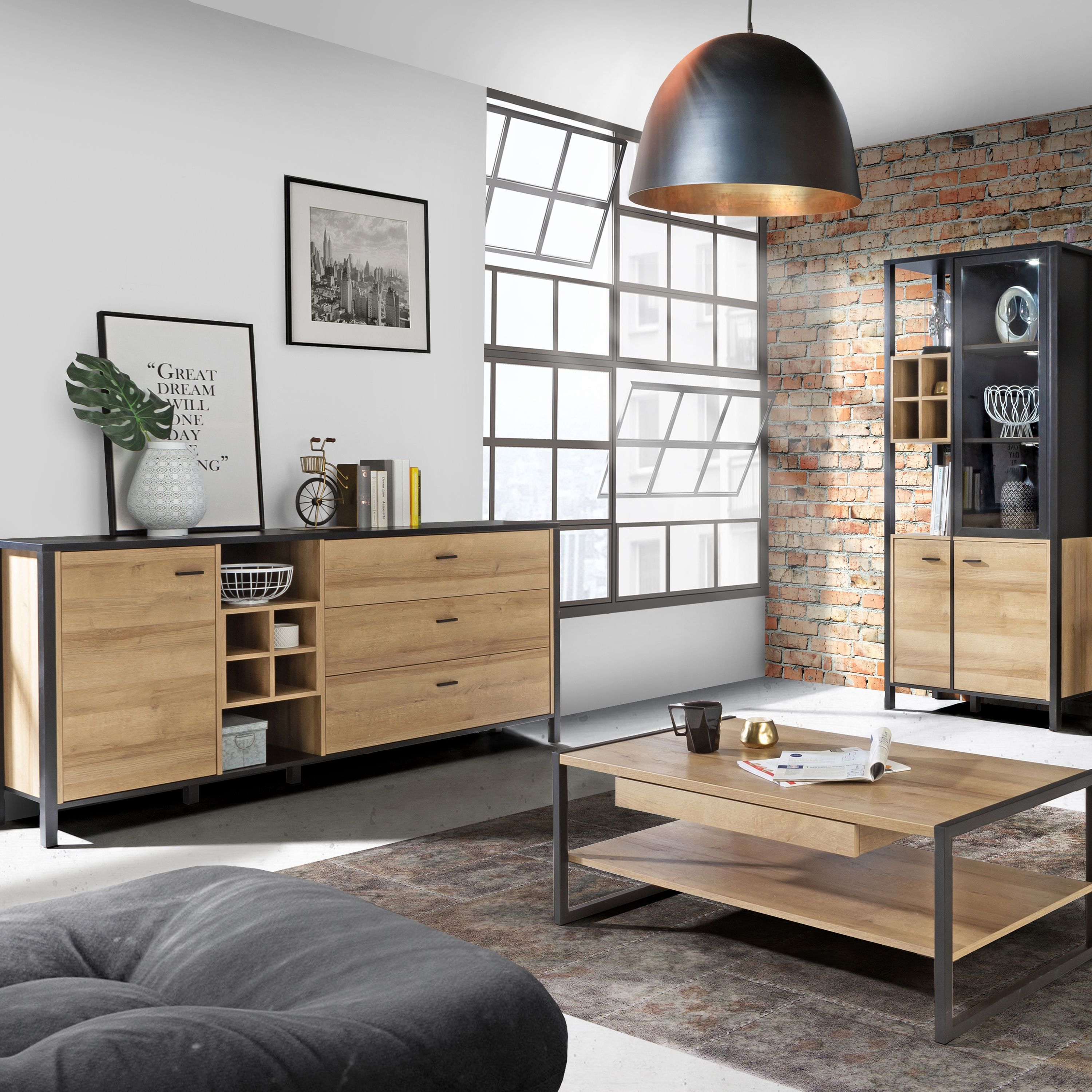 High Rock Large Wide Sideboard Buffet Unit In Matt Black & Riviera Oak - Price Crash Furniture