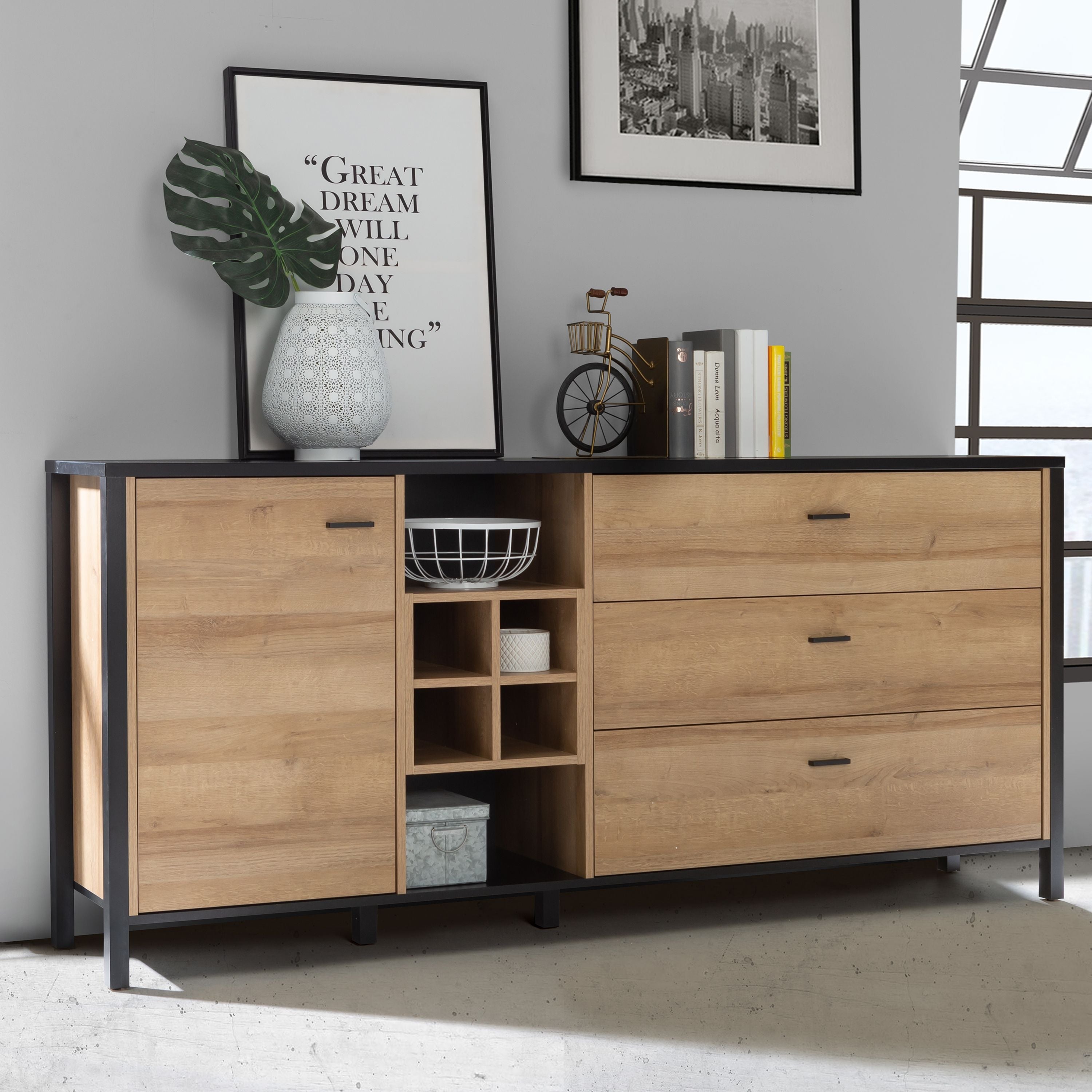 High Rock Large Wide Sideboard Buffet Unit In Matt Black & Riviera Oak - Price Crash Furniture