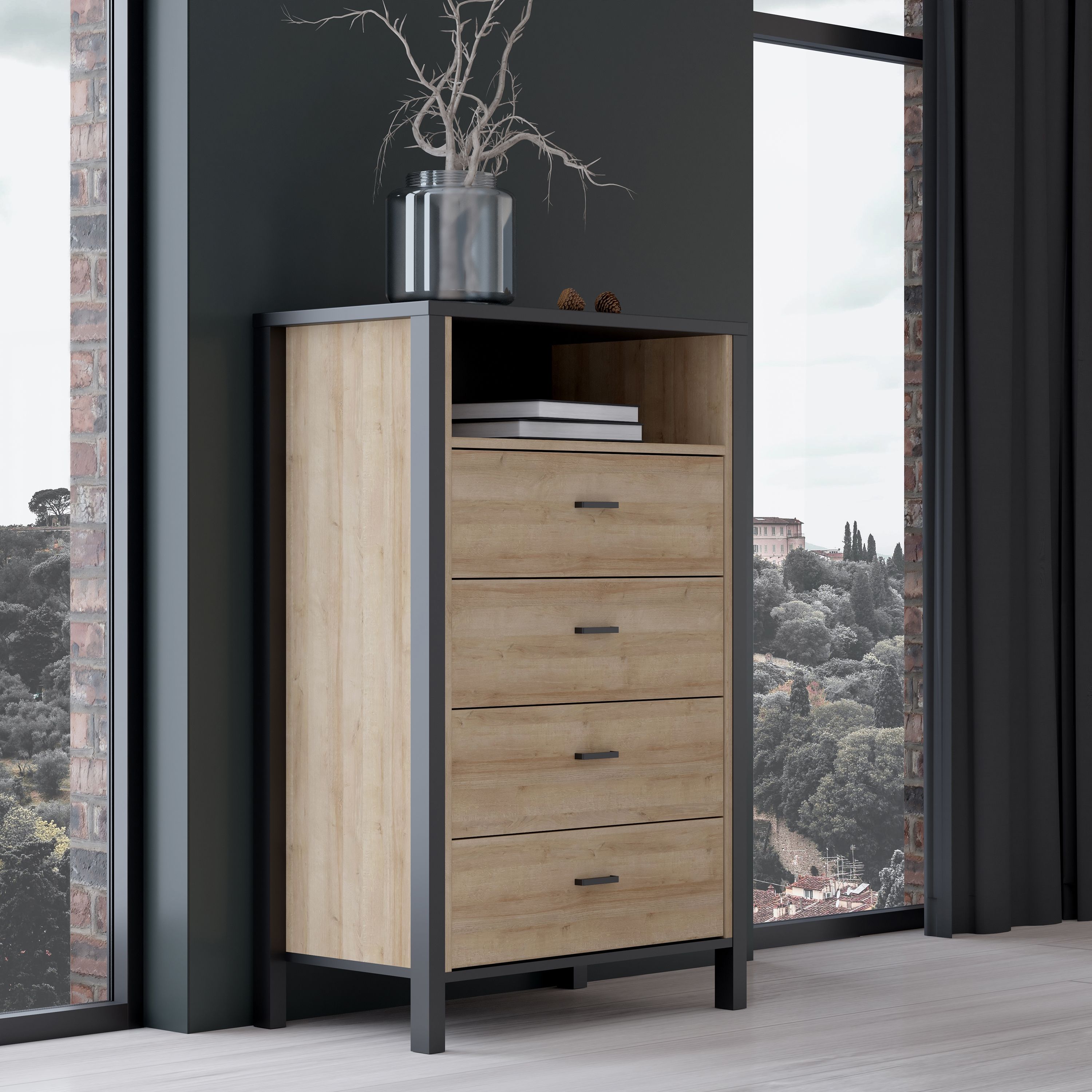 High Rock 4 Drawer Chest Of Drawers In Matt Black and Riviera Oak - Price Crash Furniture